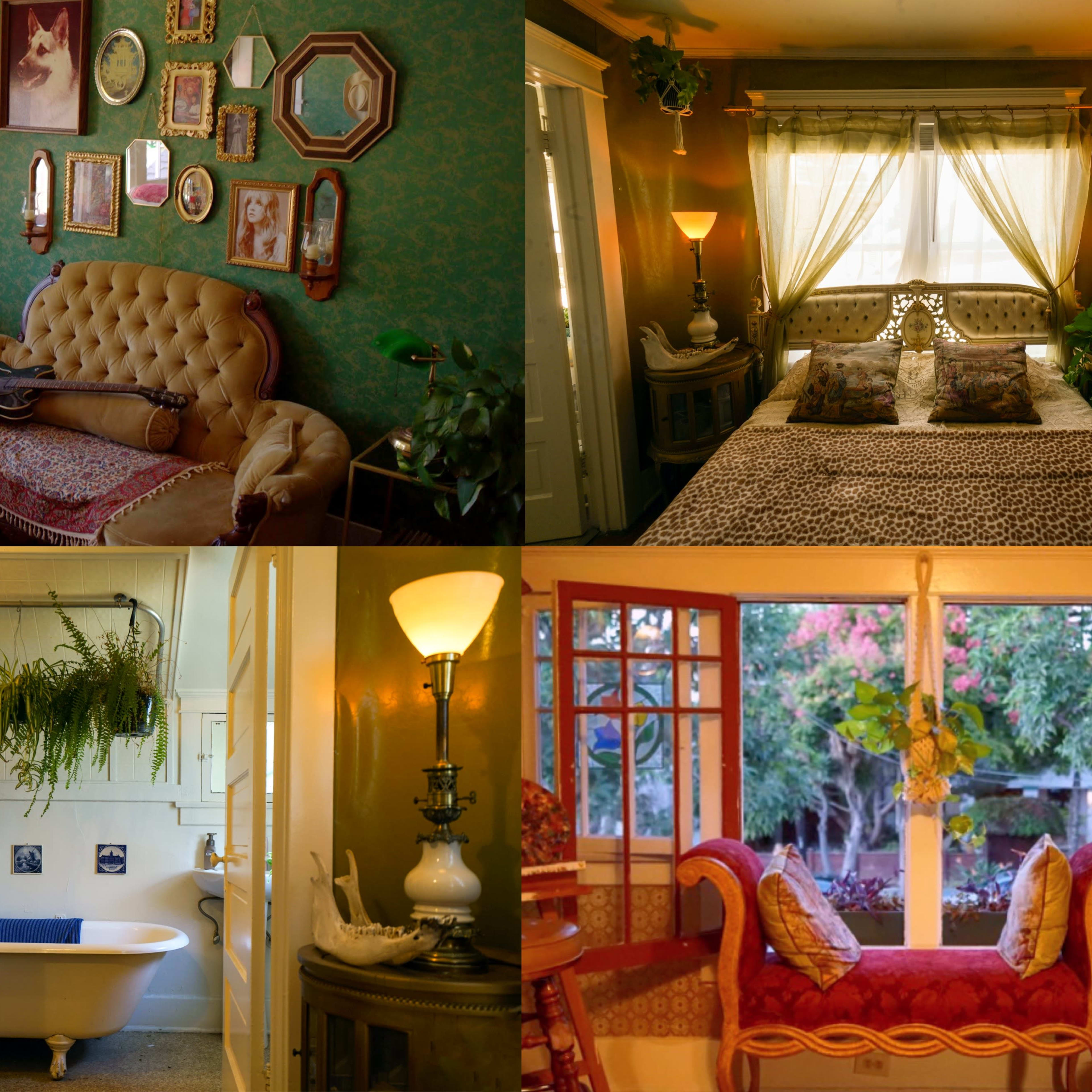 Four scenes of a cozy home interior, including a living room with a guitar, a bedroom with a bed, a bathroom with a bathtub, and a sunlit area with open windows.