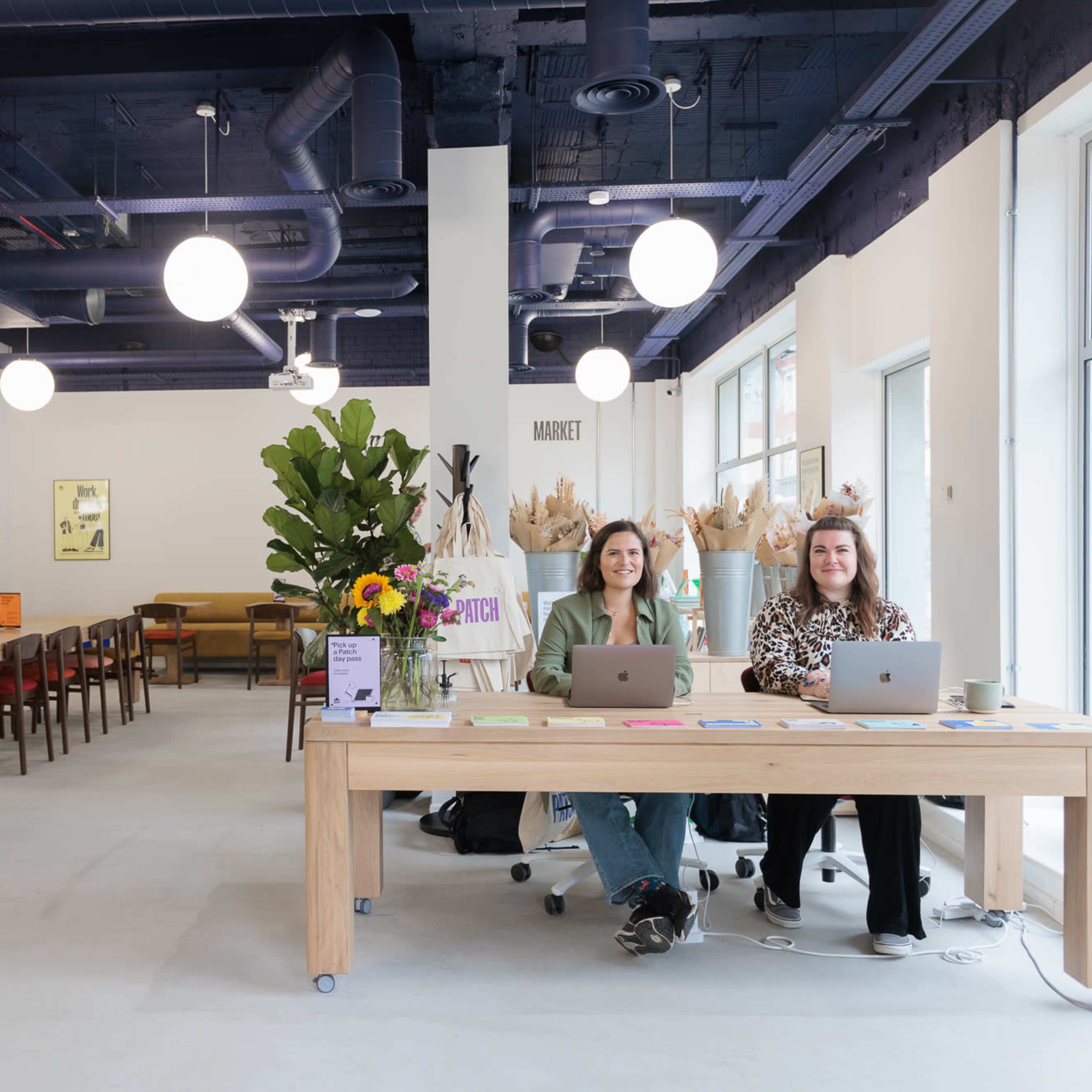 Two women work on laptops at a long wooden table in a bright, modern office space with large windows and minimalist decor.