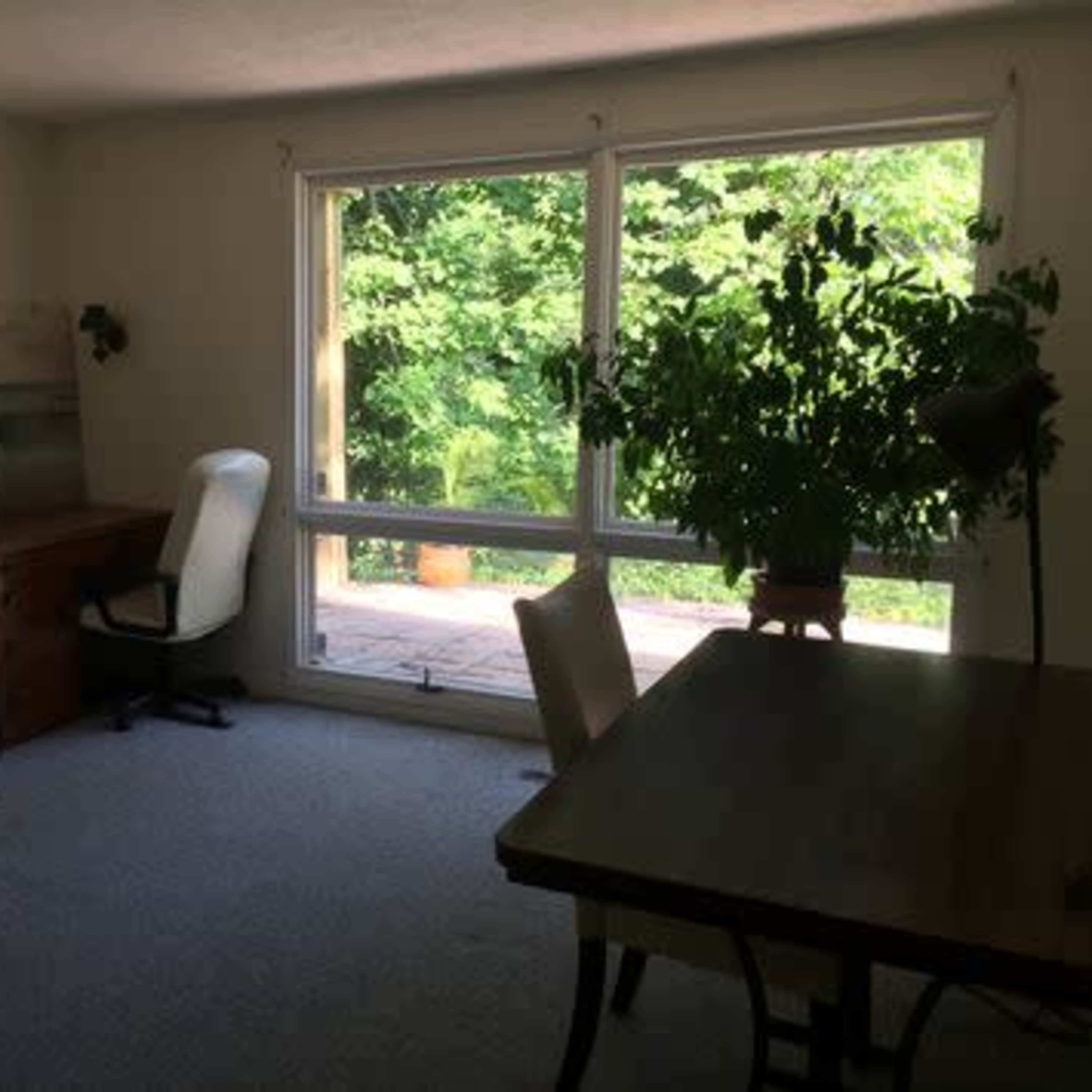A bright, empty room features a desk chair beside a wooden desk, a dining table, and large windows overlooking greenery.