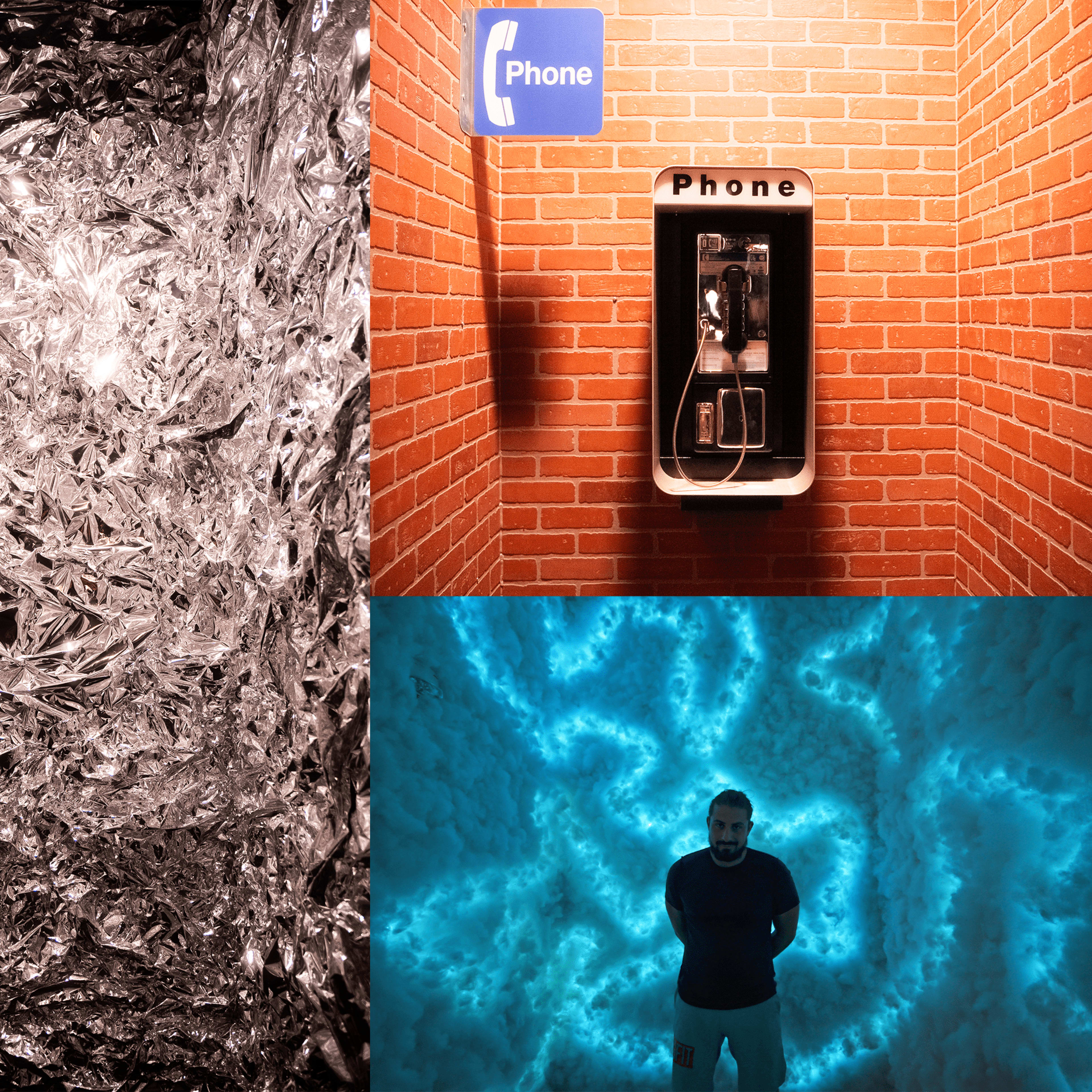 Features a vintage phone booth against a brick wall, a person illuminated by blue light in a textured environment, and colorful neon lines on a dark background.