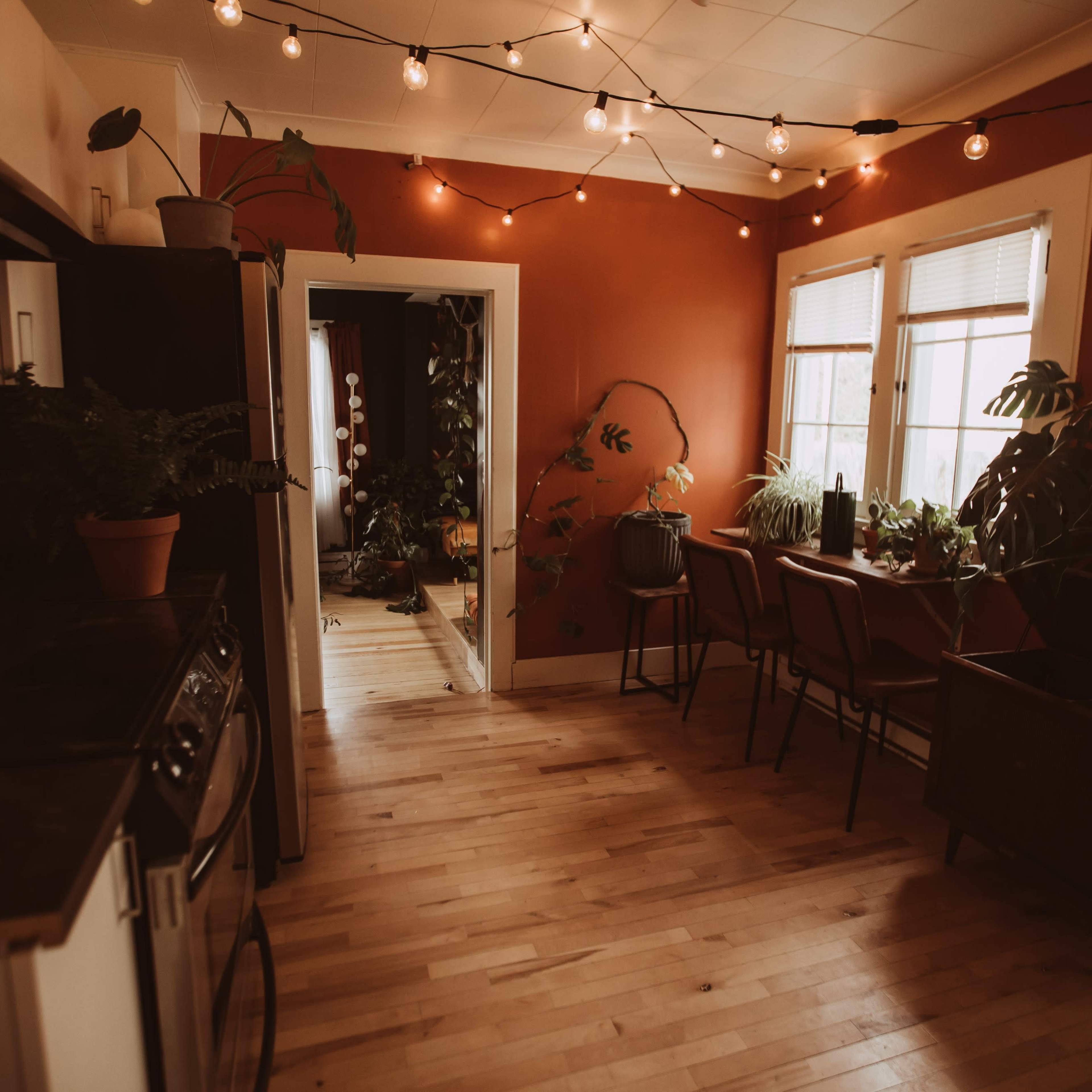 A cozy kitchen area features wooden floors and warm orange walls, adorned with plants and string lights.