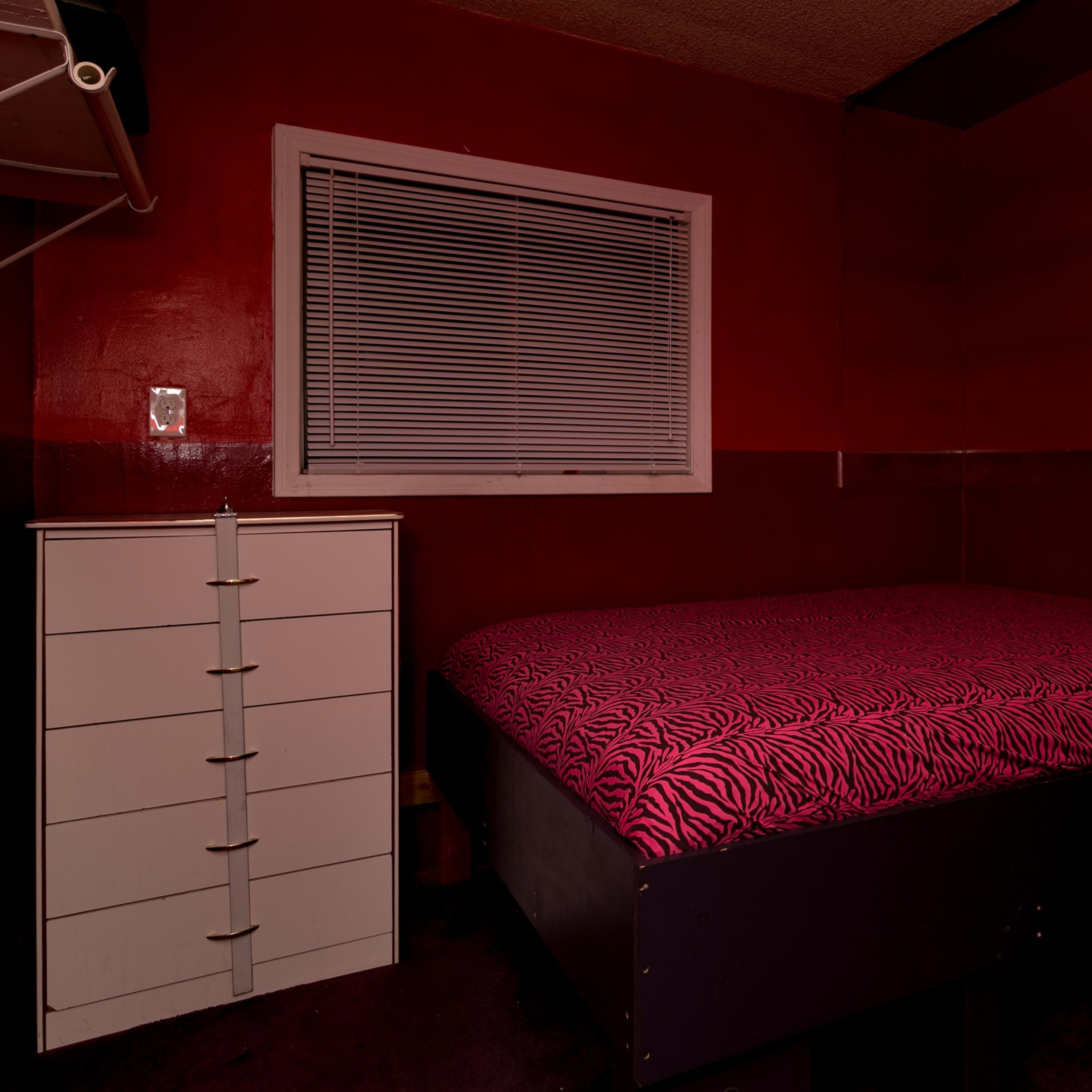 A dimly lit bedroom features a bed with a pink zebra-print mattress and a white dresser against a red wall.