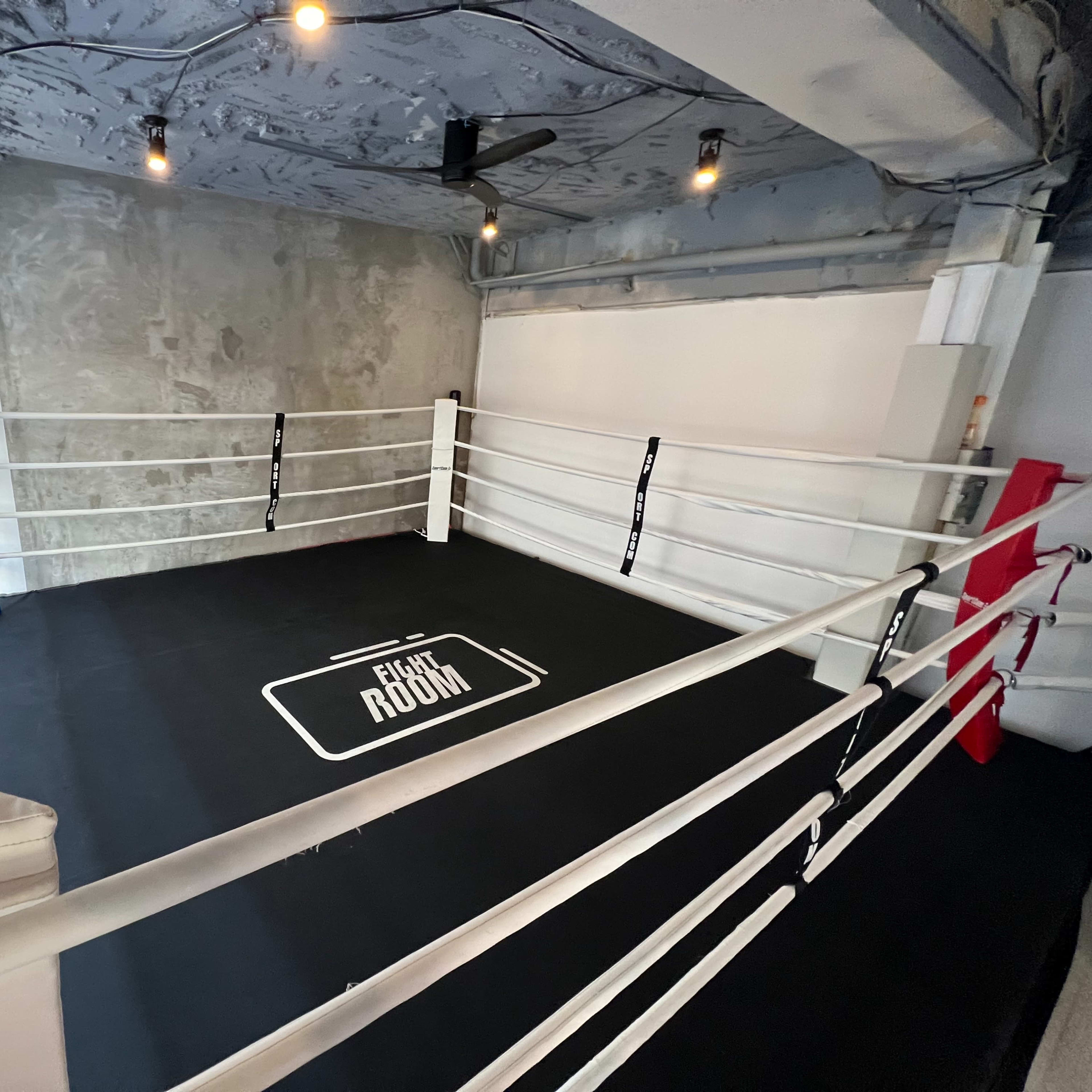 An empty boxing ring with white ropes and a black mat labeled "FIGHT ROOM" in a minimalist gym setting.