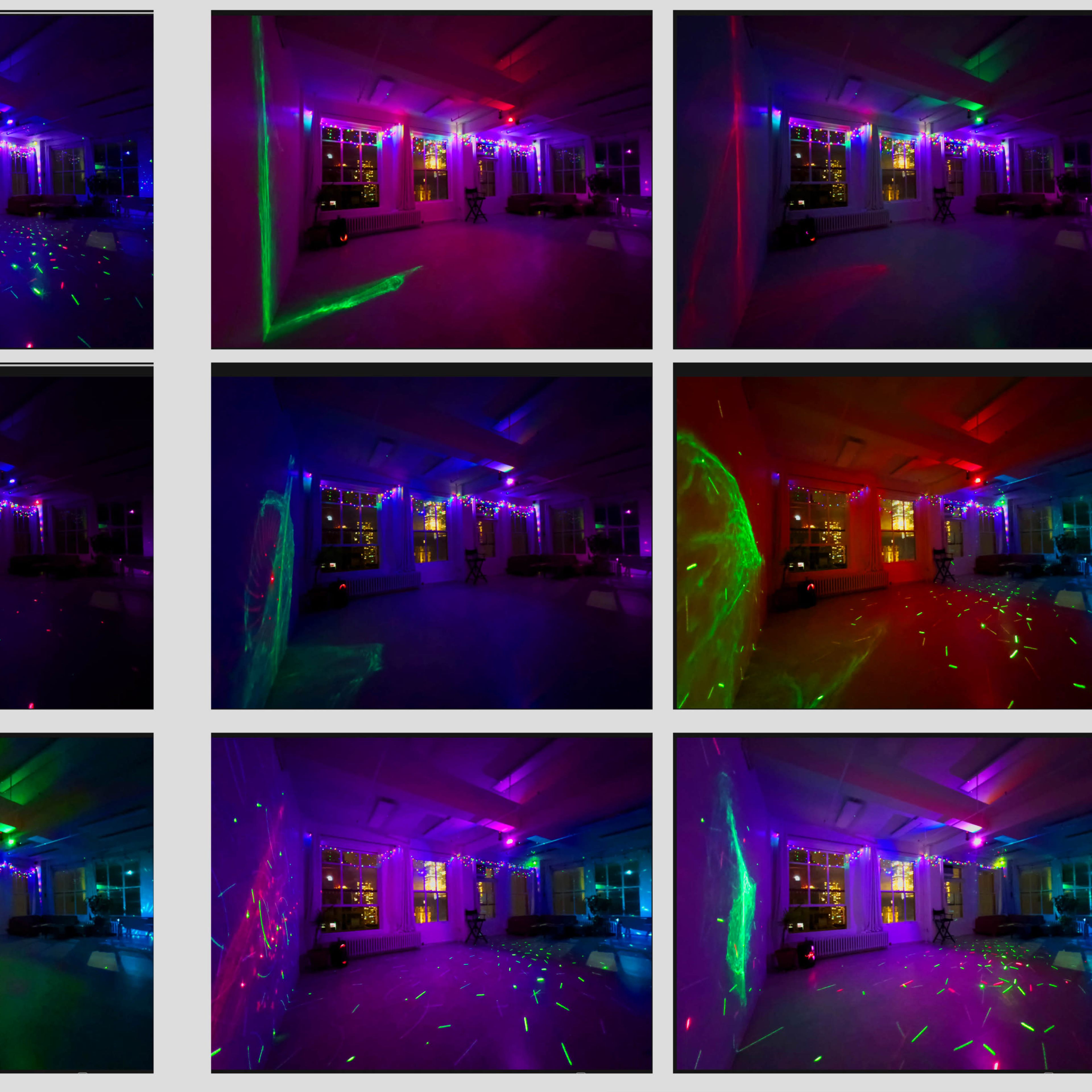A grid of nine photographs showcasing a dance floor with colorful laser lights reflecting on the walls and floor in a dimly lit indoor space.