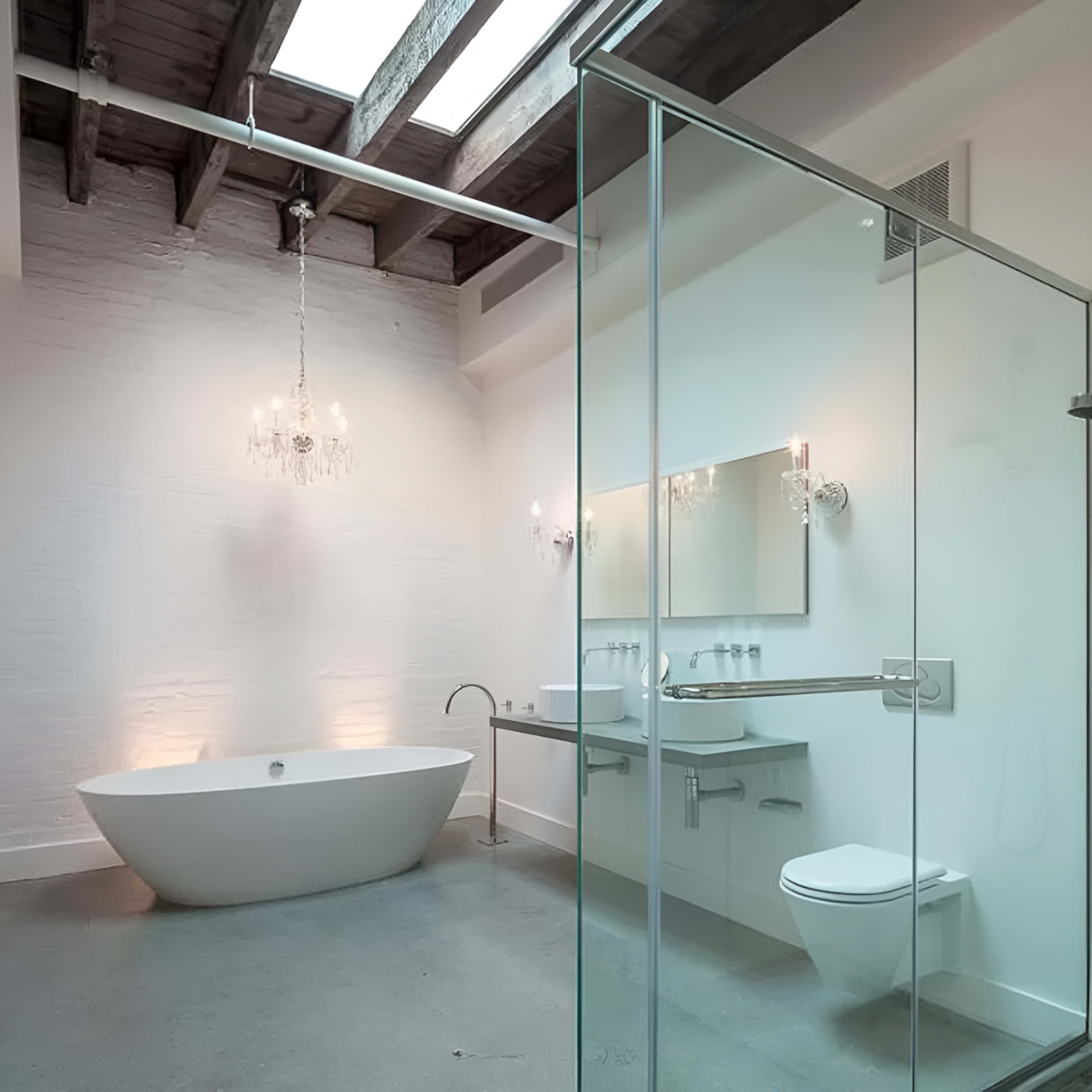 A modern bathroom featuring a freestanding bathtub, a shower with glass walls, and elegant fixtures under a skylight.