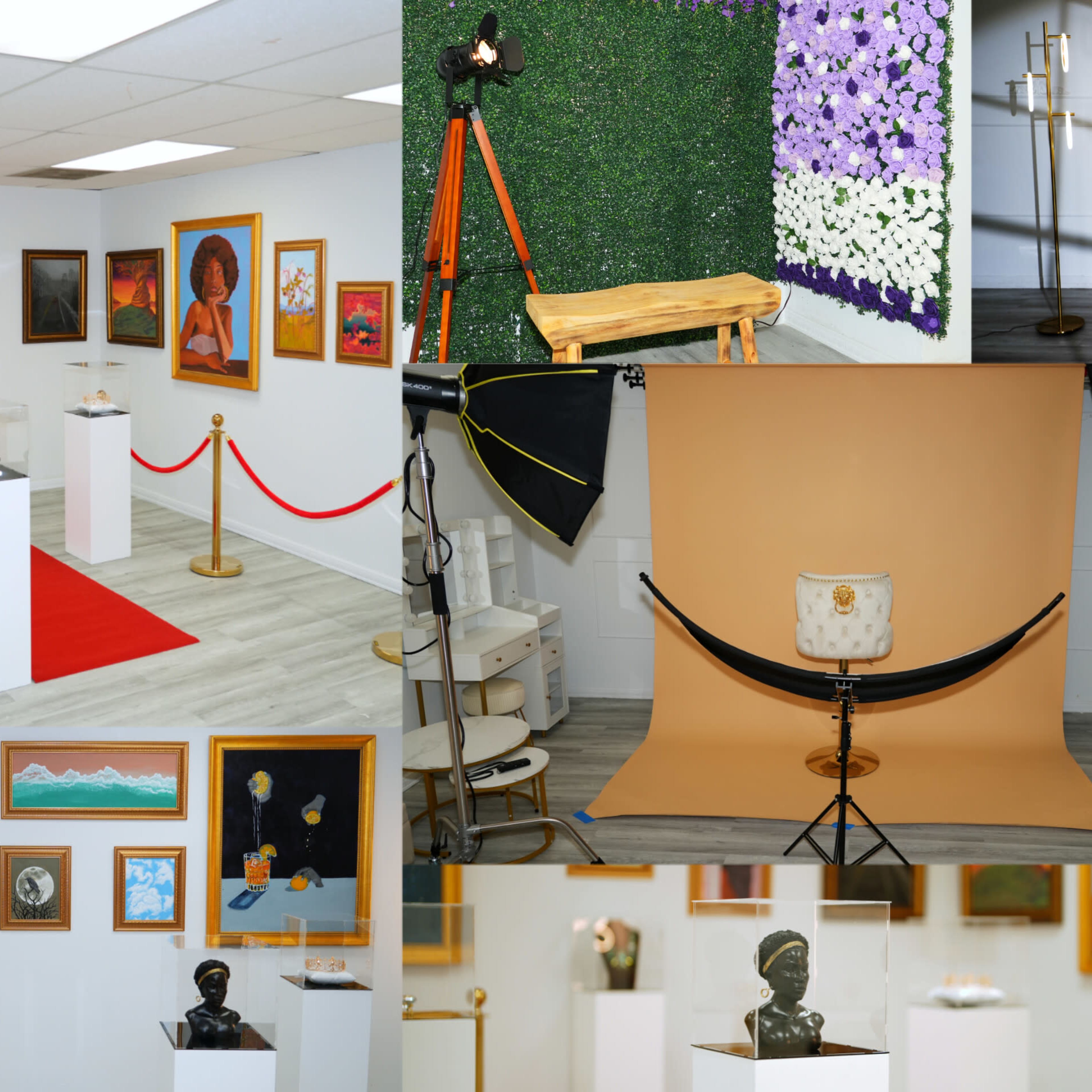 An art exhibit featuring various sculptures and paintings displayed on white pedestals against a backdrop of decorative walls and lighting equipment.