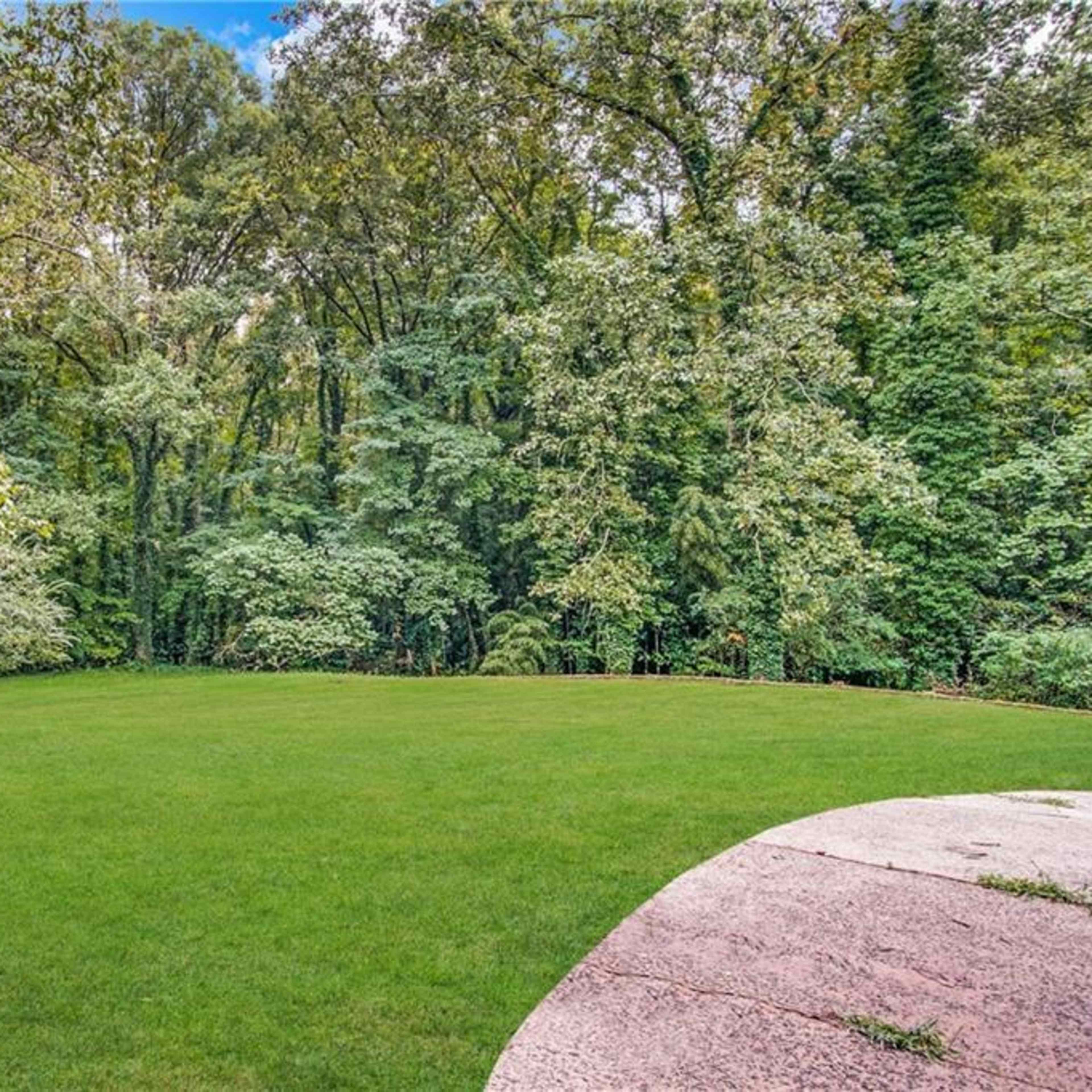 A grassy backyard is bordered by dense trees and vegetation.