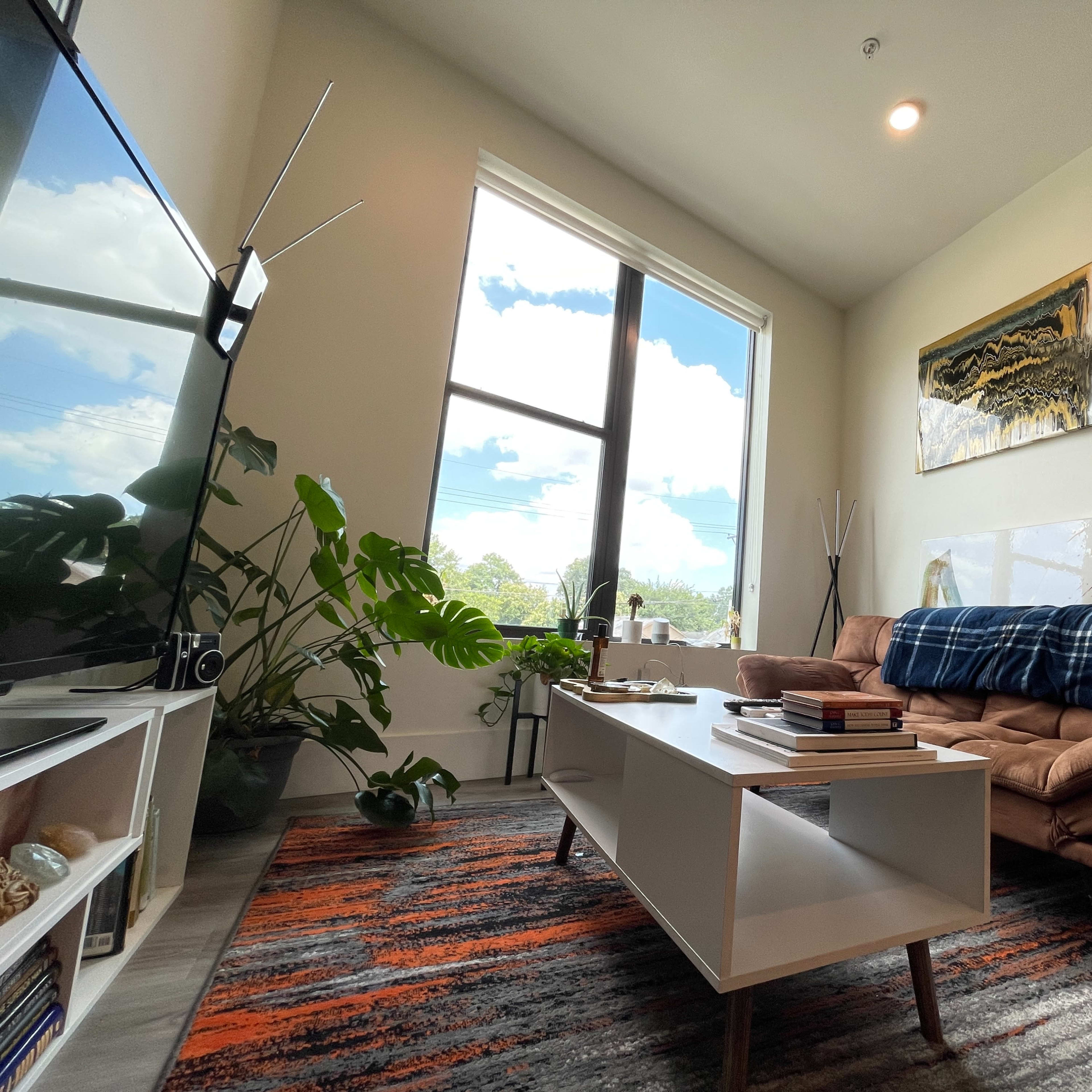 A modern living room with a brown sofa, a coffee table stacked with books, a large window allowing natural light, and indoor plants.