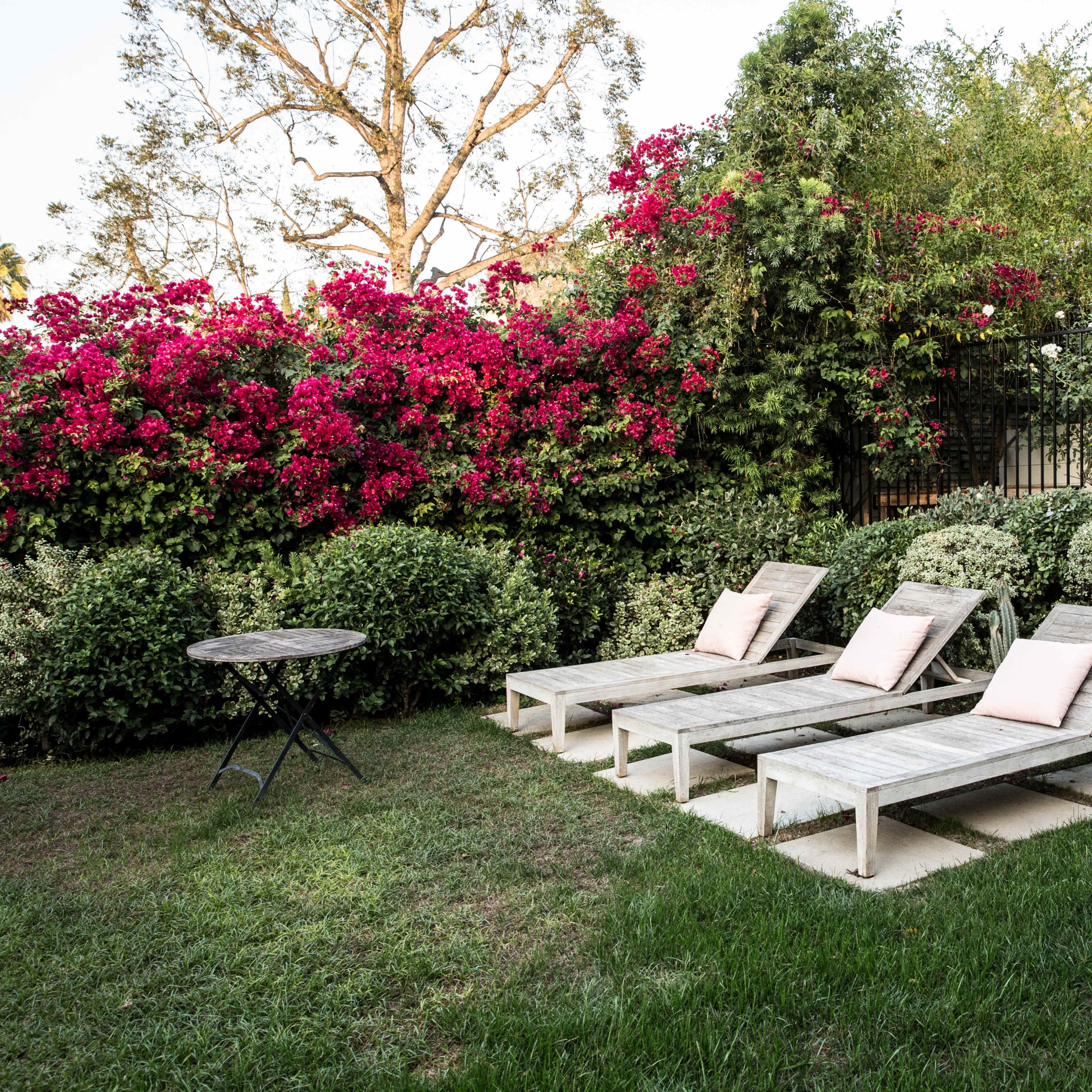Three wooden lounge chairs with cushions arranged beside a flower-filled garden and a small table.