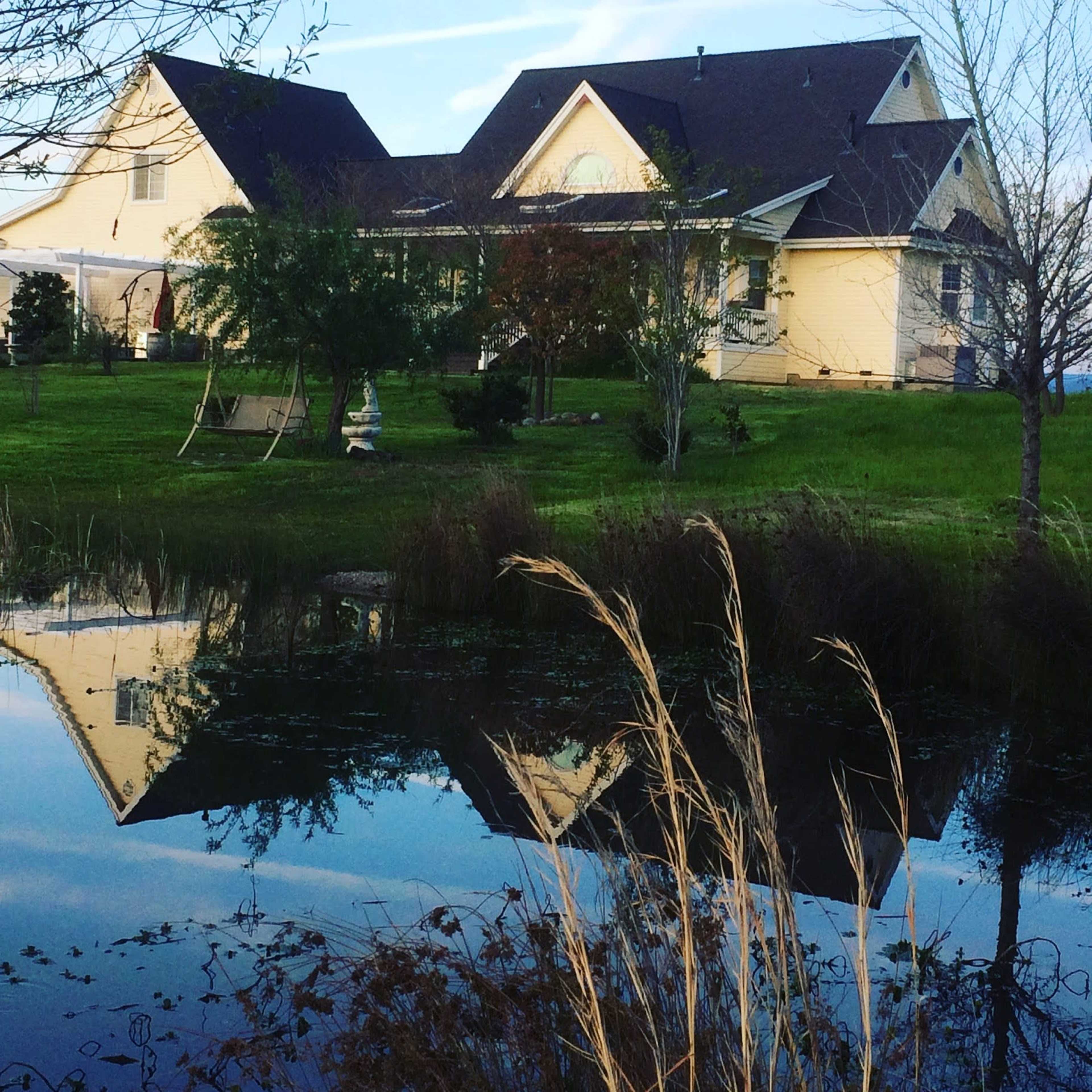 A large yellow house with a sloped roof sits beside a pond, reflecting its image in the water, while grass and reeds frame the foreground.