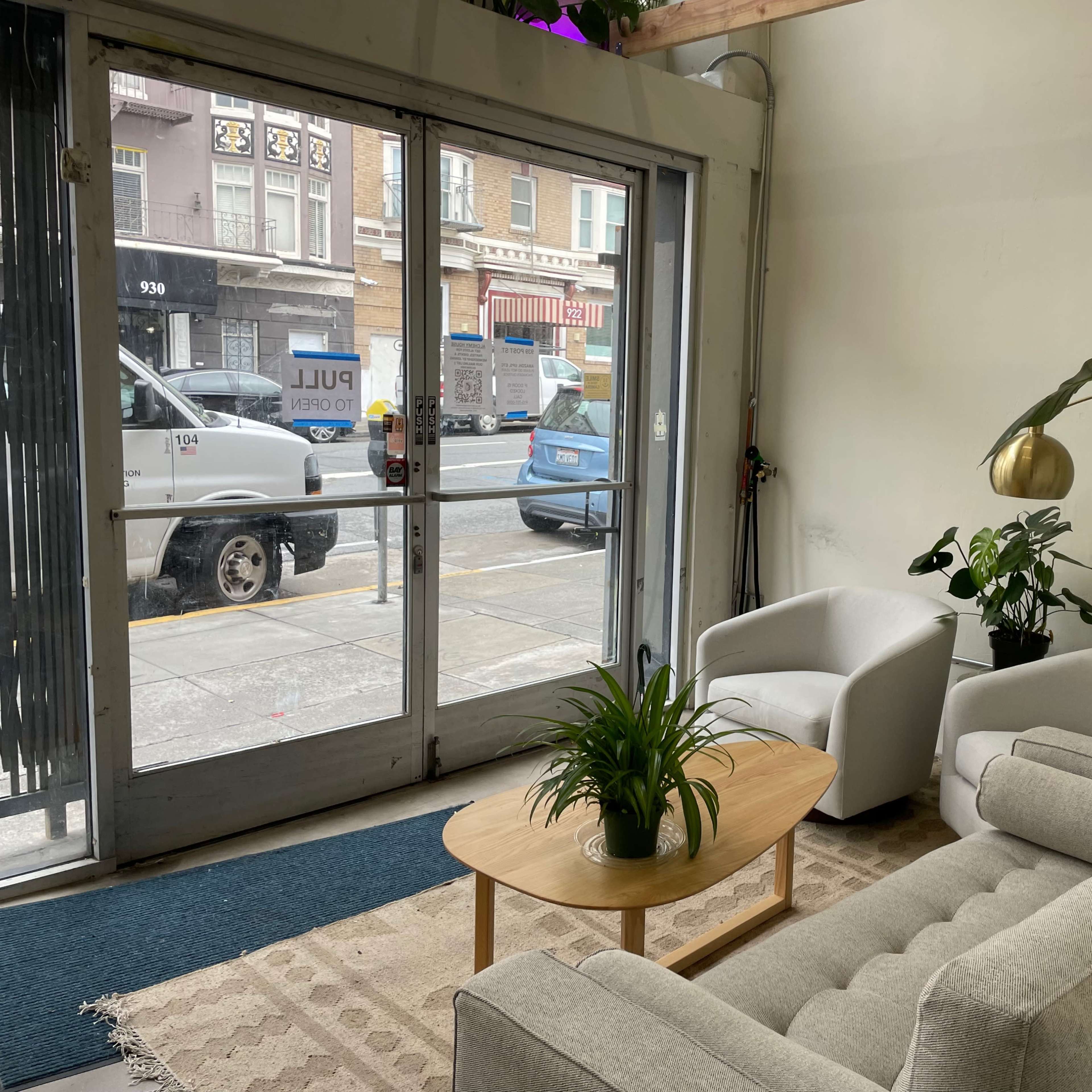 A bright interior with two white armchairs, a light gray sofa, a wooden coffee table, and a large plant beside a glass door facing the street.