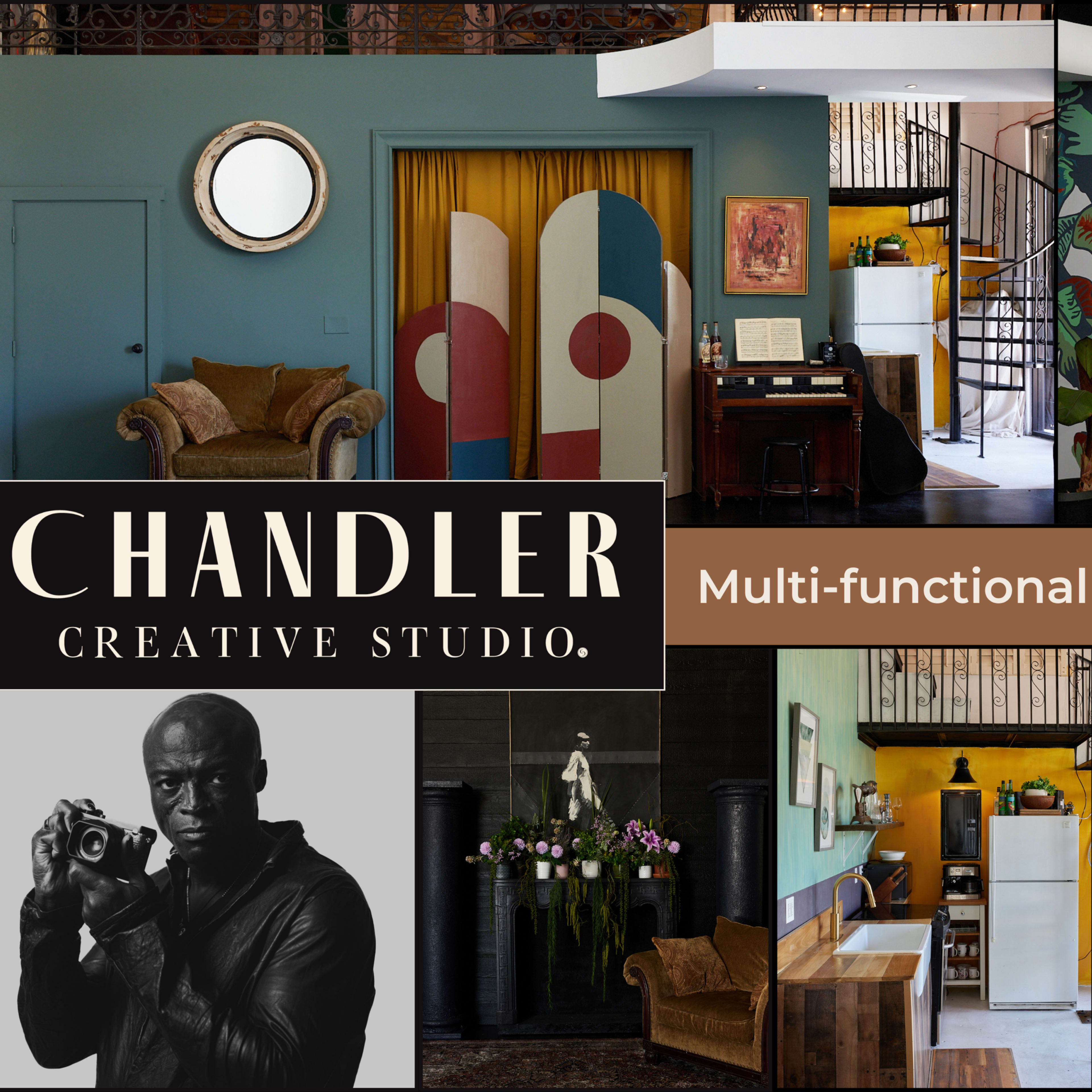 Various areas of a multi-functional creative studio, featuring distinct wall designs, furniture arrangements, and decorative elements tailored for professional use.