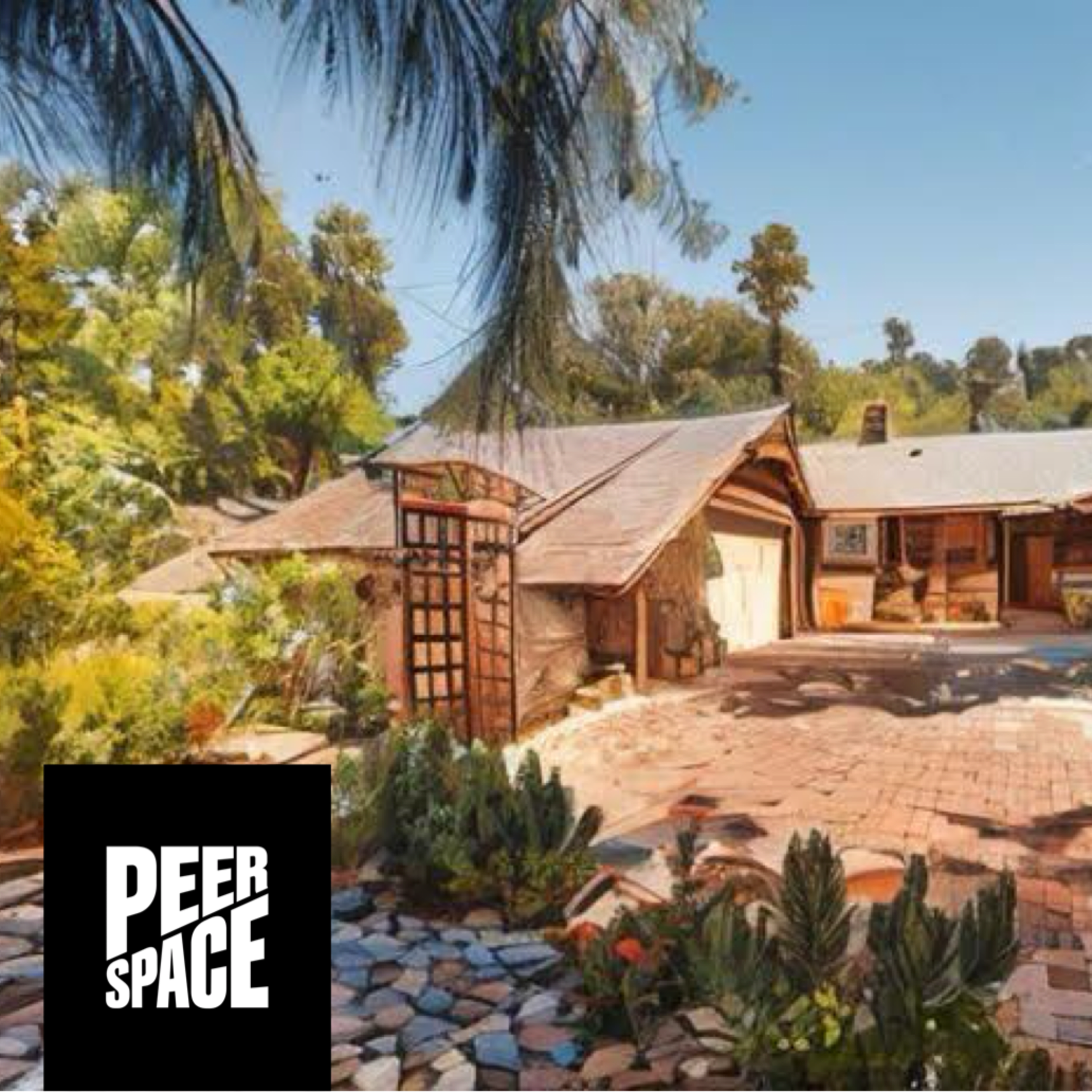 A spacious house with a wooden exterior and a stone pathway is surrounded by lush greenery and trees.