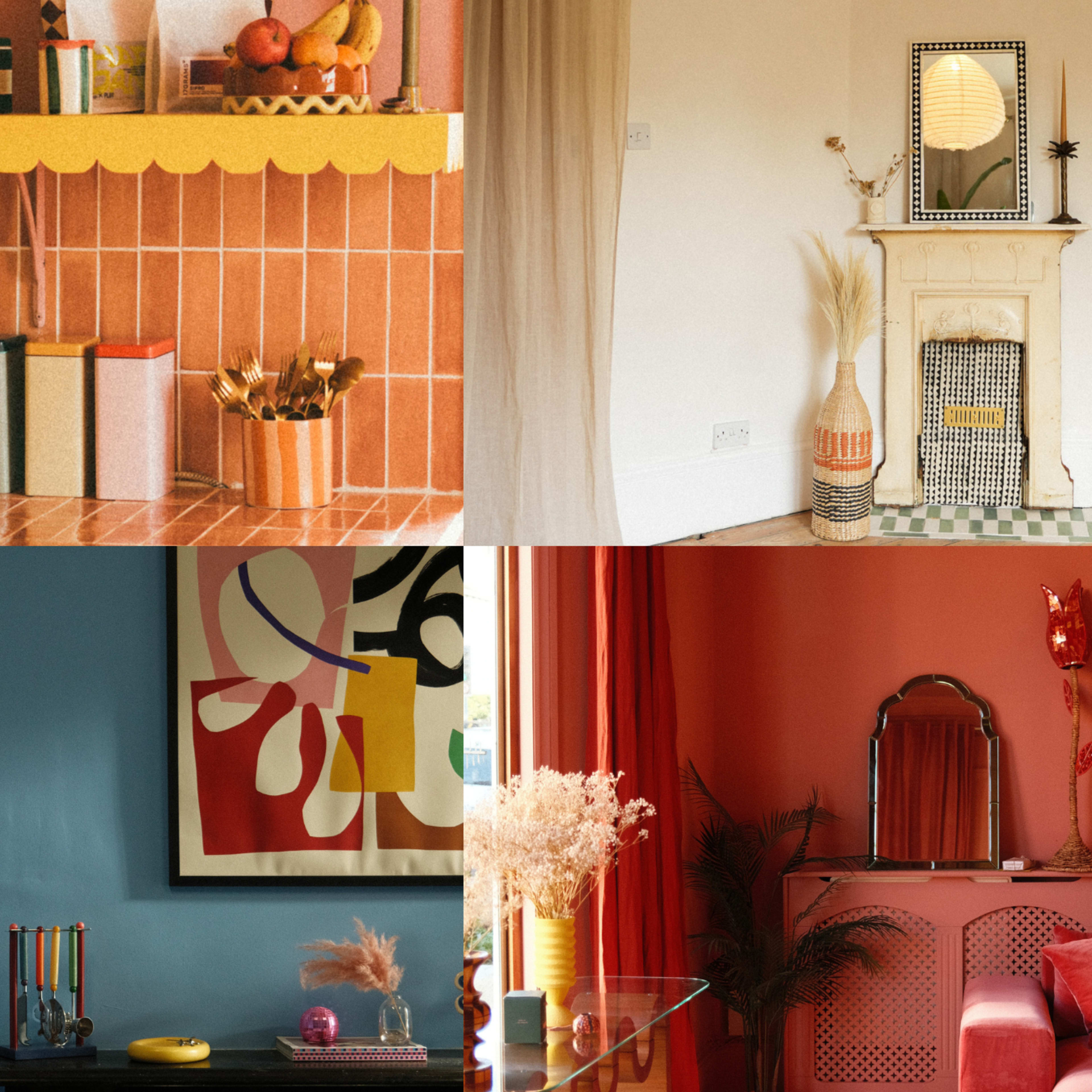 A collage of four distinct interior scenes featuring vibrant colors, varied decorative elements, and different furniture arrangements.