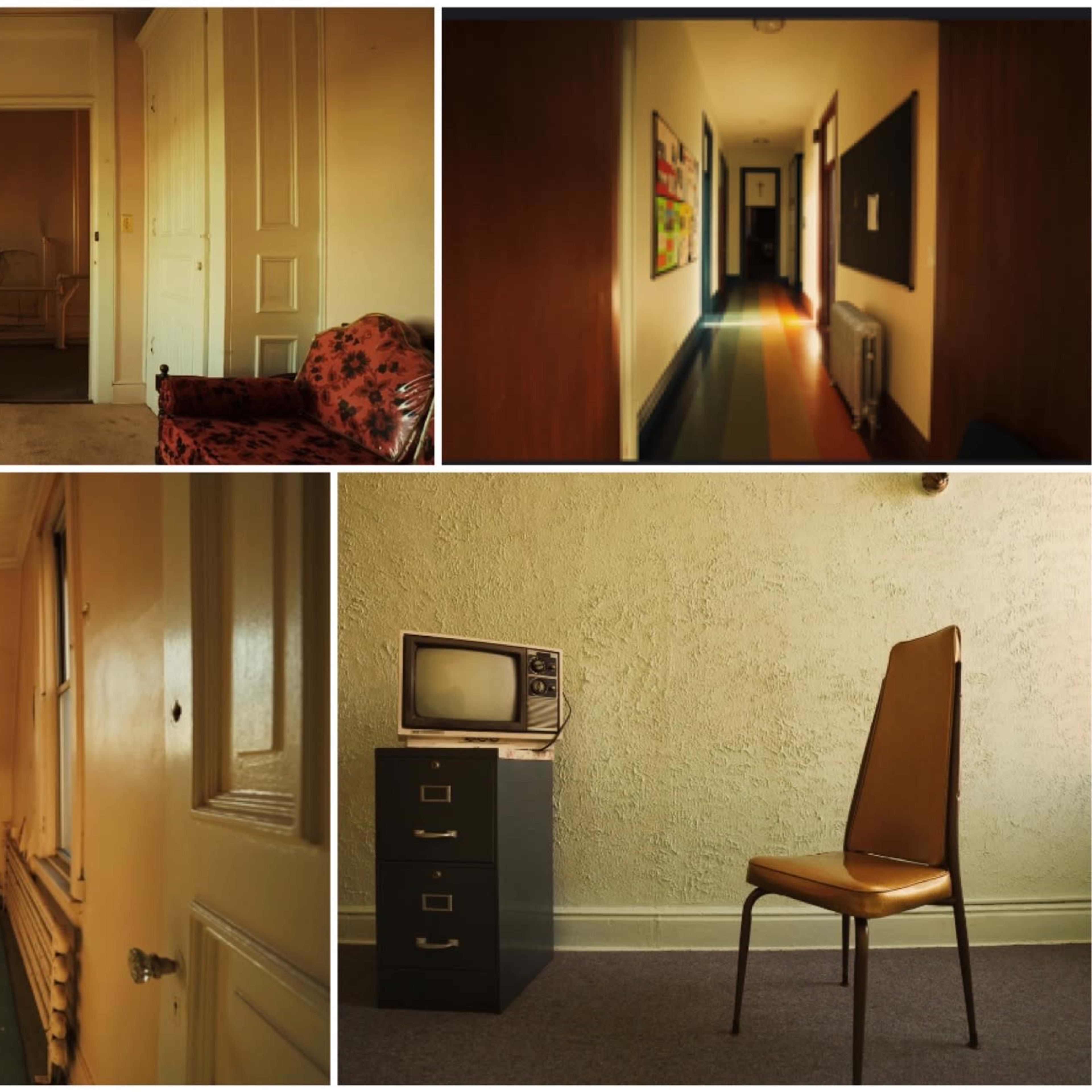 Shows various empty hallways and rooms in a building, featuring a chair, a vintage television, and colorful wall art.