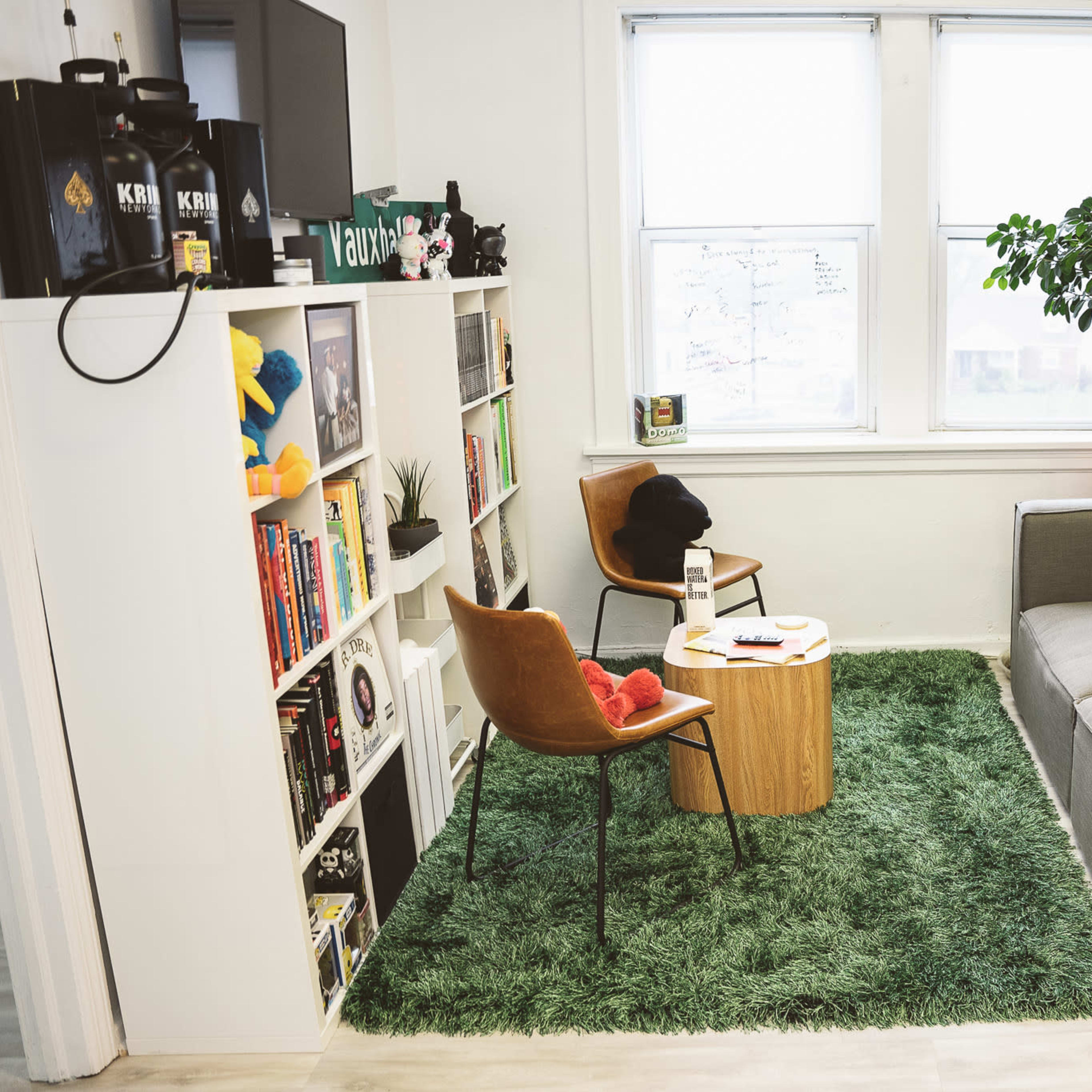 A cozy corner of a room with a grey couch, two chairs, a wooden coffee table, bookshelves filled with books, and a potted plant in a bright, green carpeted area.