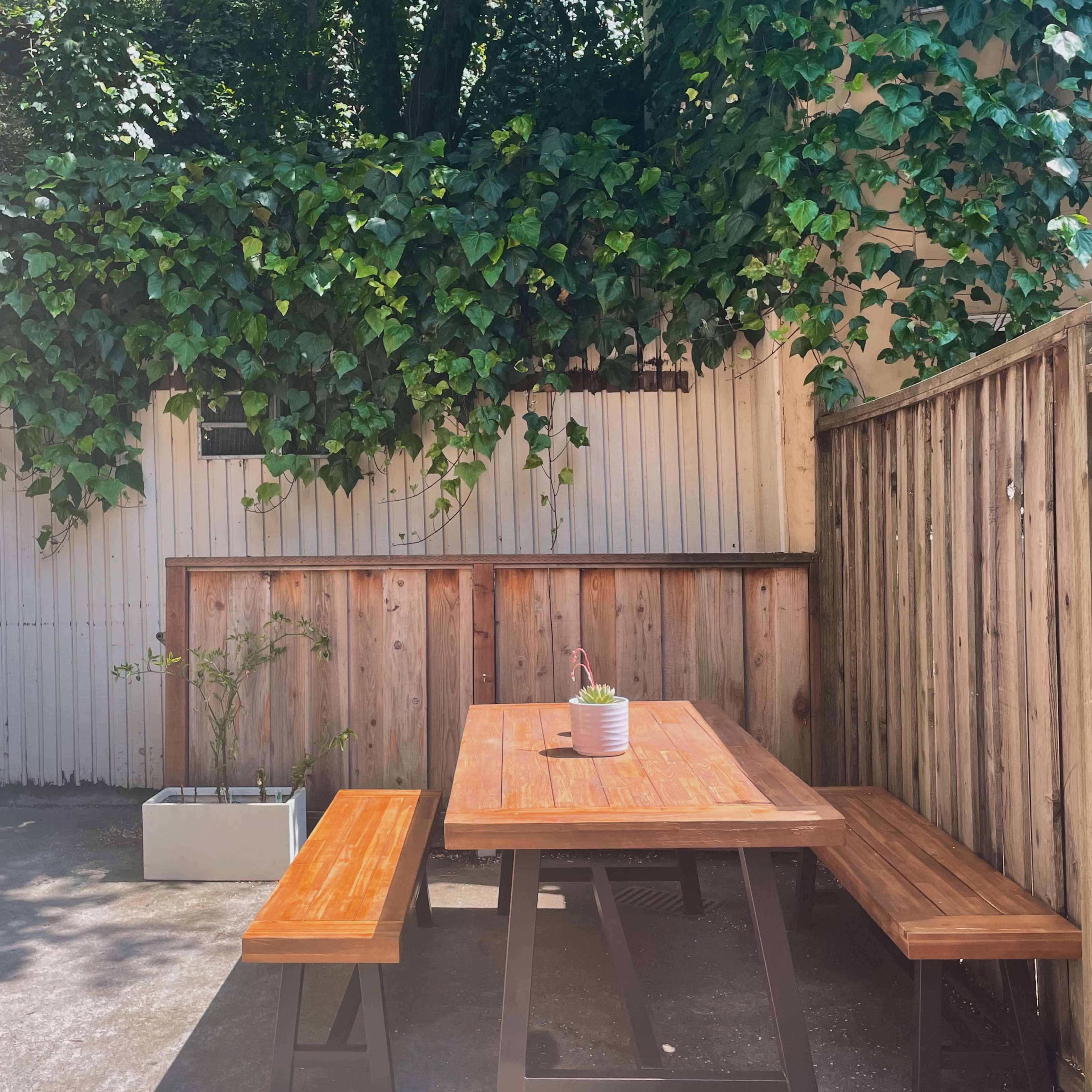 A wooden picnic table with benches is situated on a concrete patio, surrounded by green vines and a wooden fence.