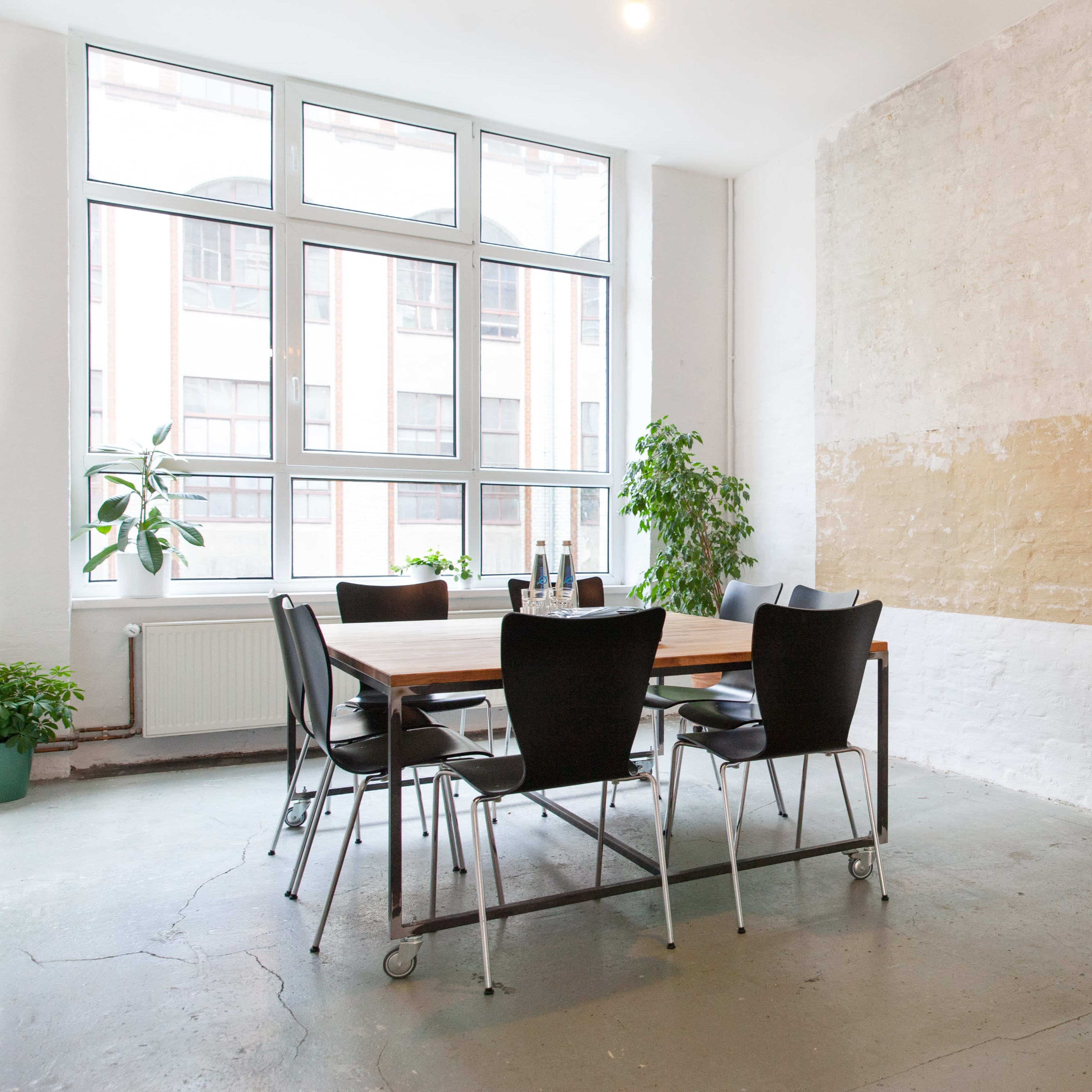 A conference room features a wooden table surrounded by black chairs, with large windows and potted plants along the walls.