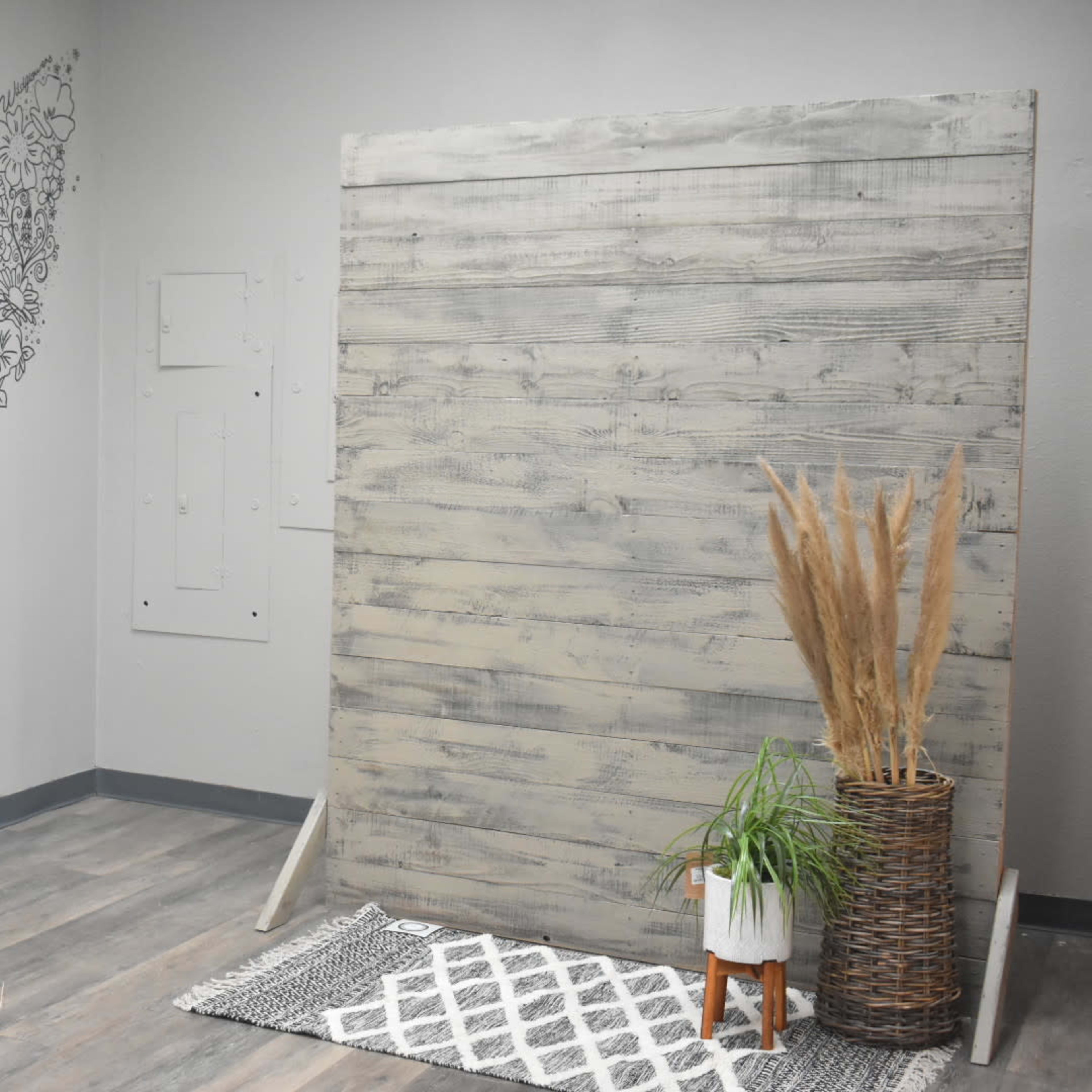 A minimalist room with a wooden backdrop, a textured rug, a potted plant, and decorative wall art.