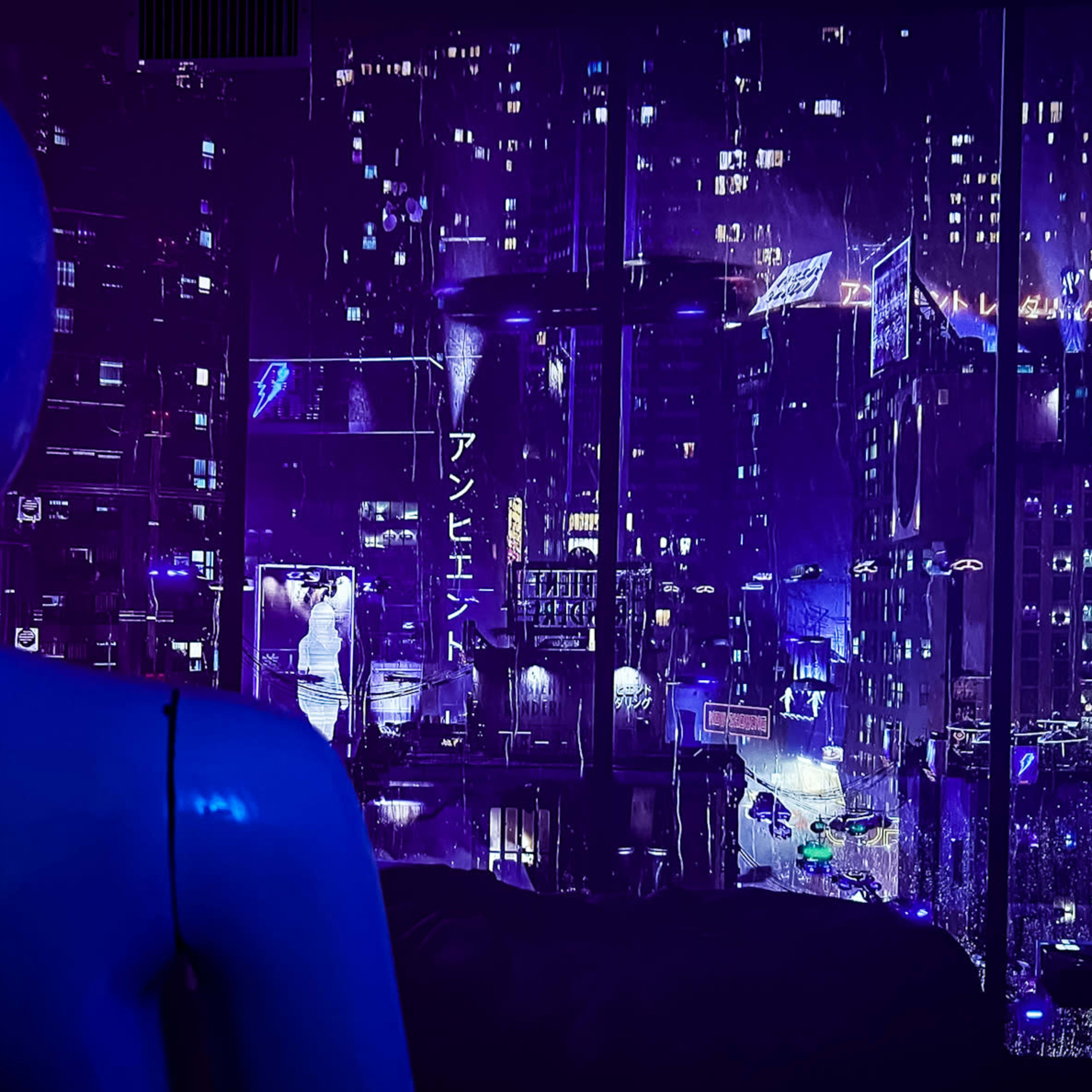 A blue mannequin stands in front of a window displaying a vibrant, neon-lit cityscape at night.