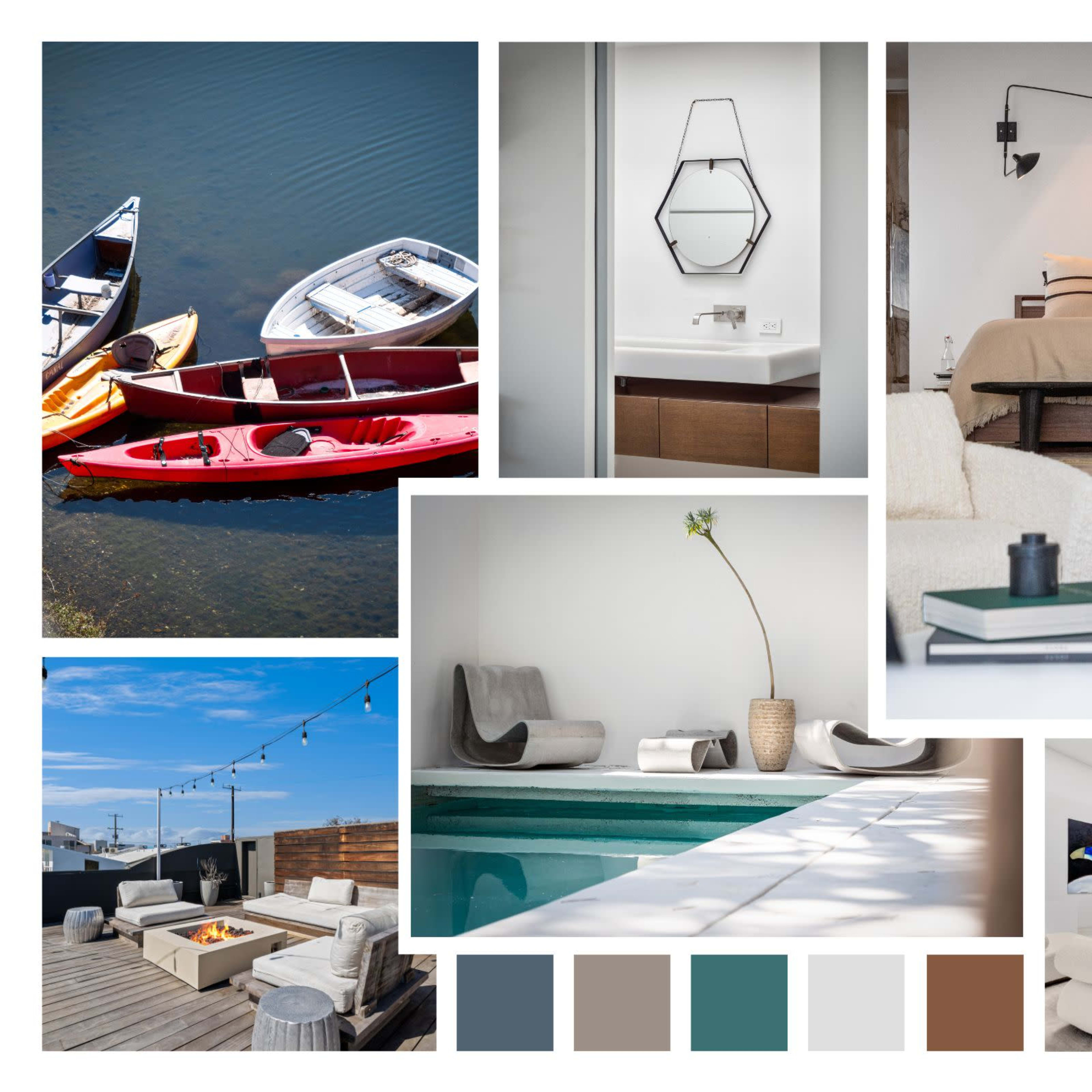 A collage of various scenes including boats on water, a contemporary bathroom, a cozy bedroom, a stylish living area, an outdoor lounge with a fire pit, and a swimming pool.