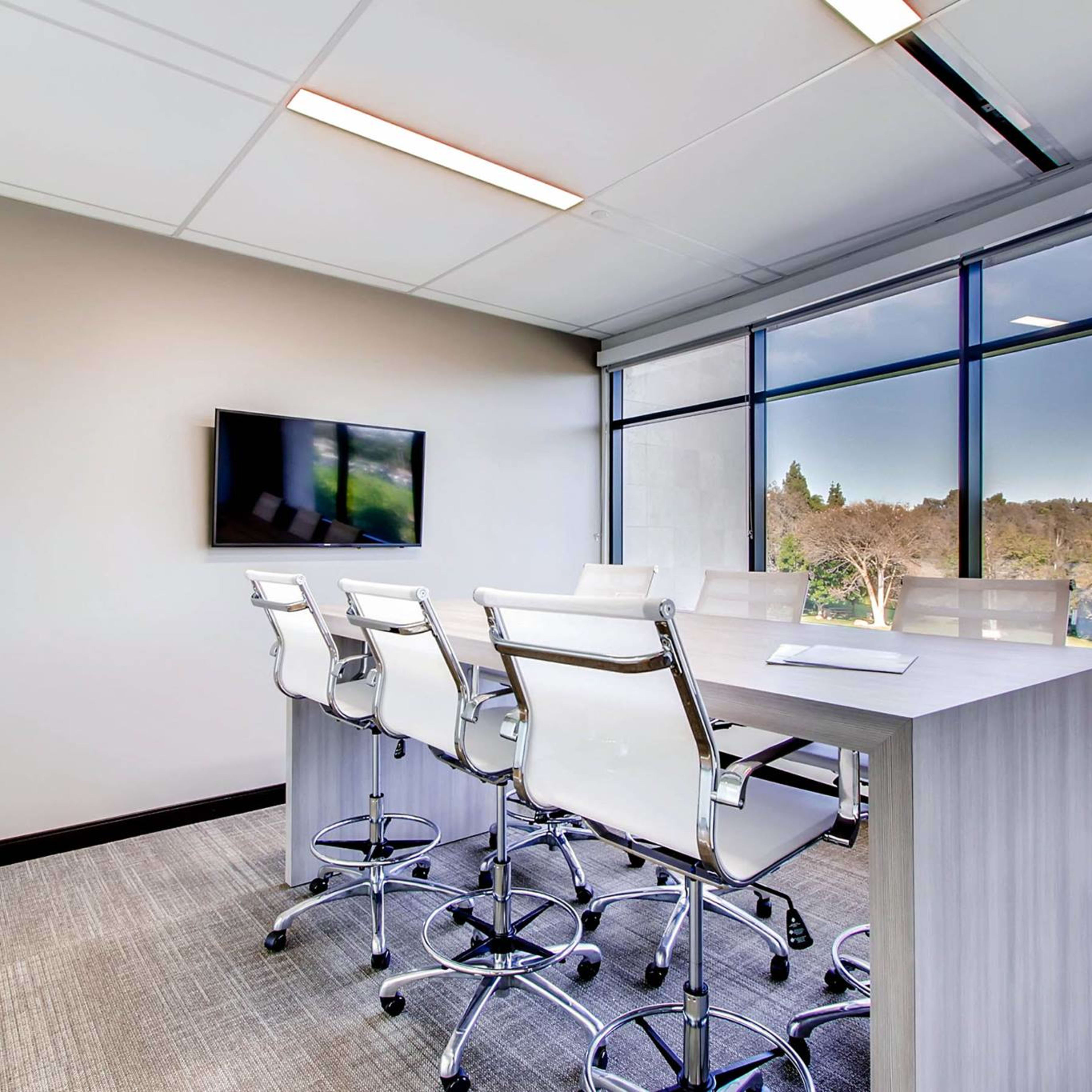 A modern conference room features a long table with high-backed chairs and a wall-mounted TV, surrounded by large windows offering a view of greenery.