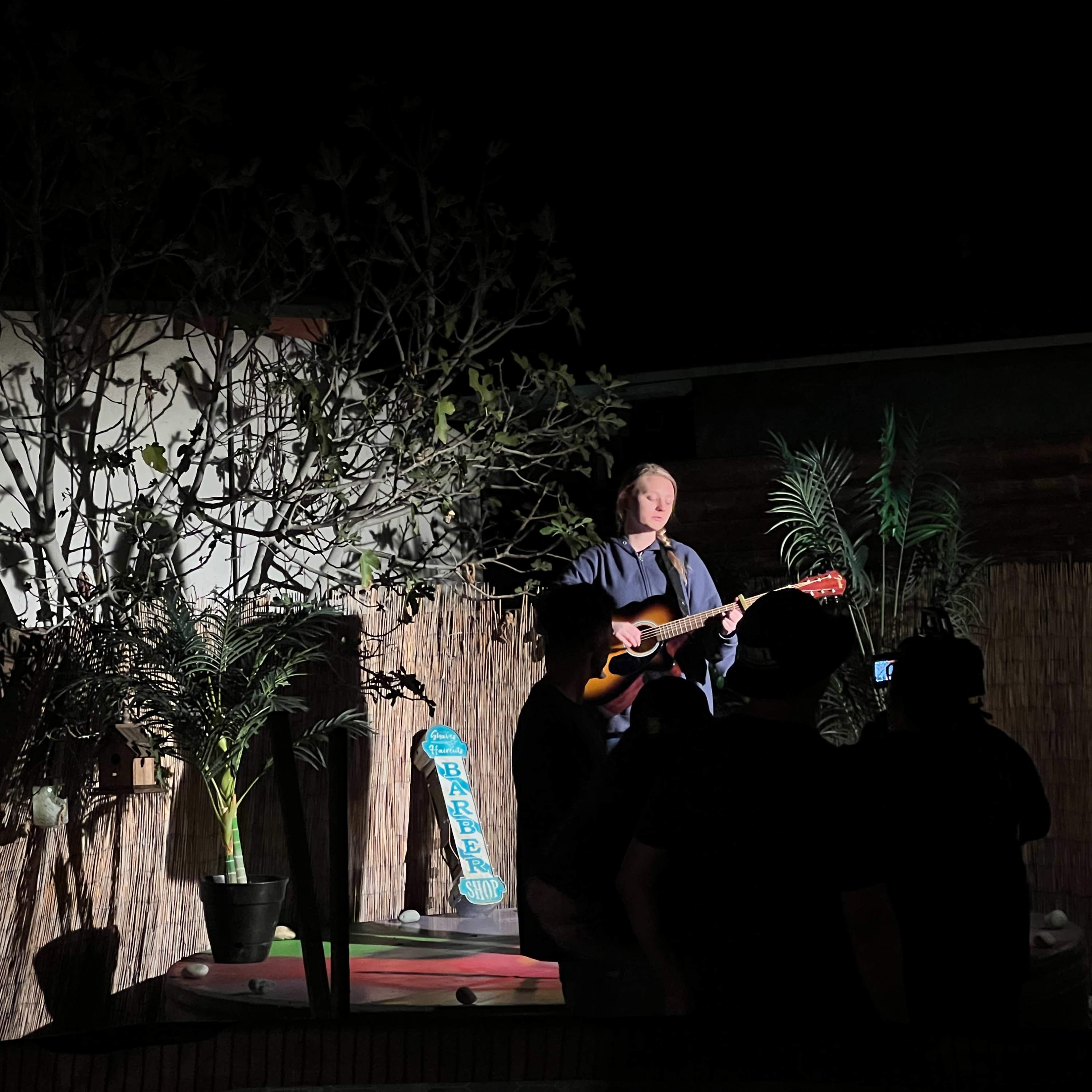 A musician is performing with a guitar in front of a small audience, surrounded by plants and lighting equipment.
