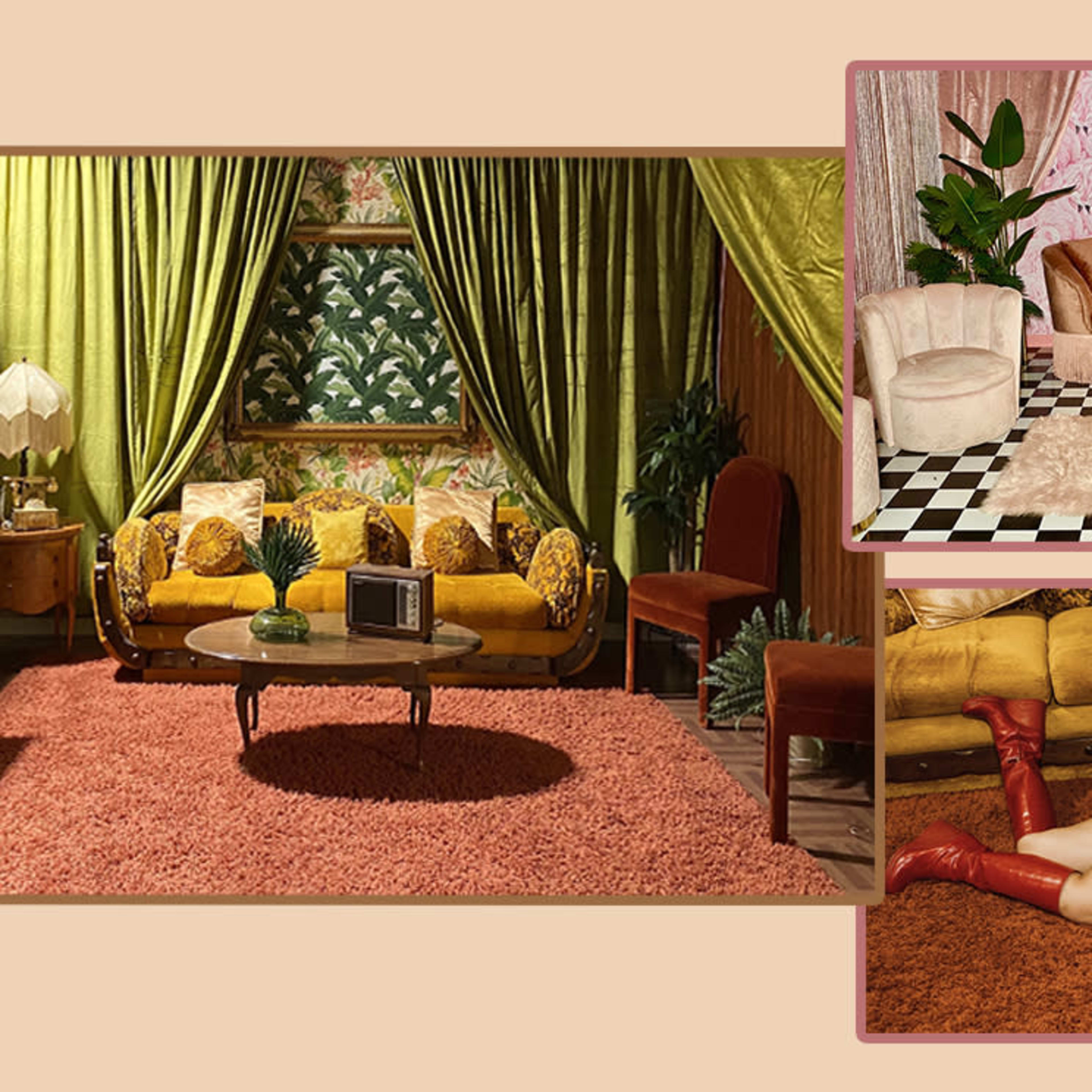 A retro-styled living room with a mix of vibrant colors, vintage furniture, and decorative plants, complemented by an adjacent scene featuring a woman lounging on a couch.