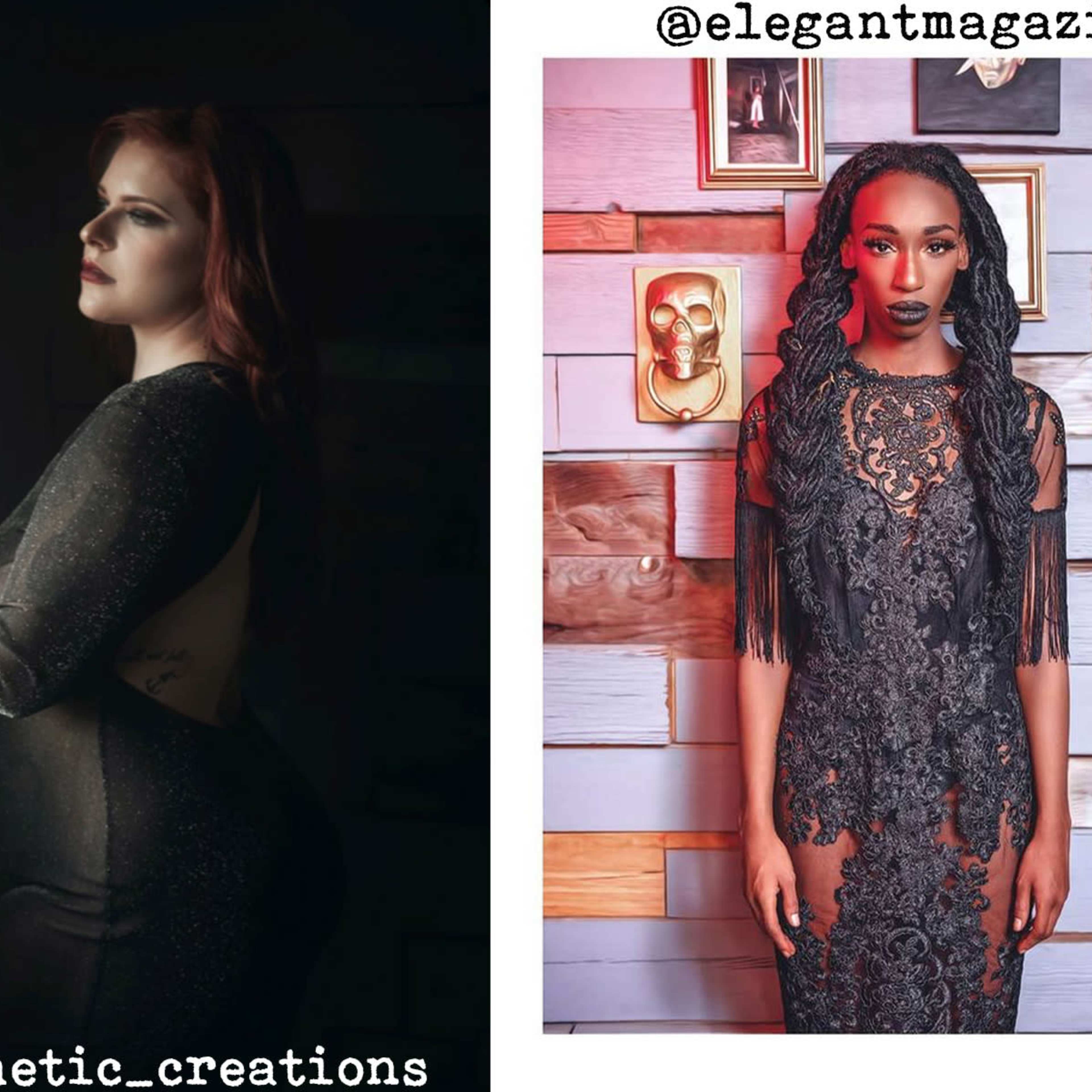 Two women in elegant attire; one is posed near a window with dramatic lighting, and the other poses against a wooden backdrop with decorative elements.