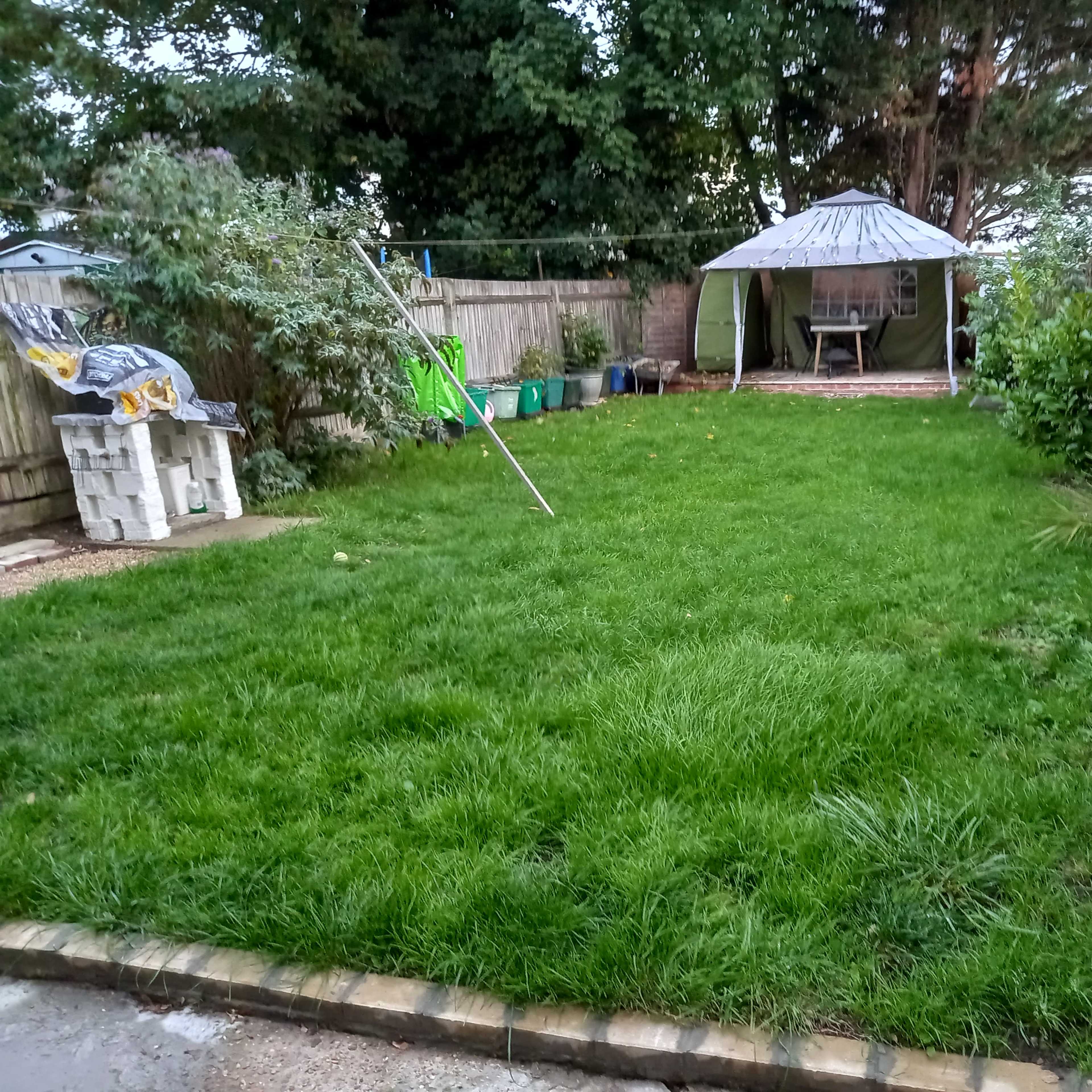 A grassy garden area with a gazebo, surrounded by wooden fences and various garden items.