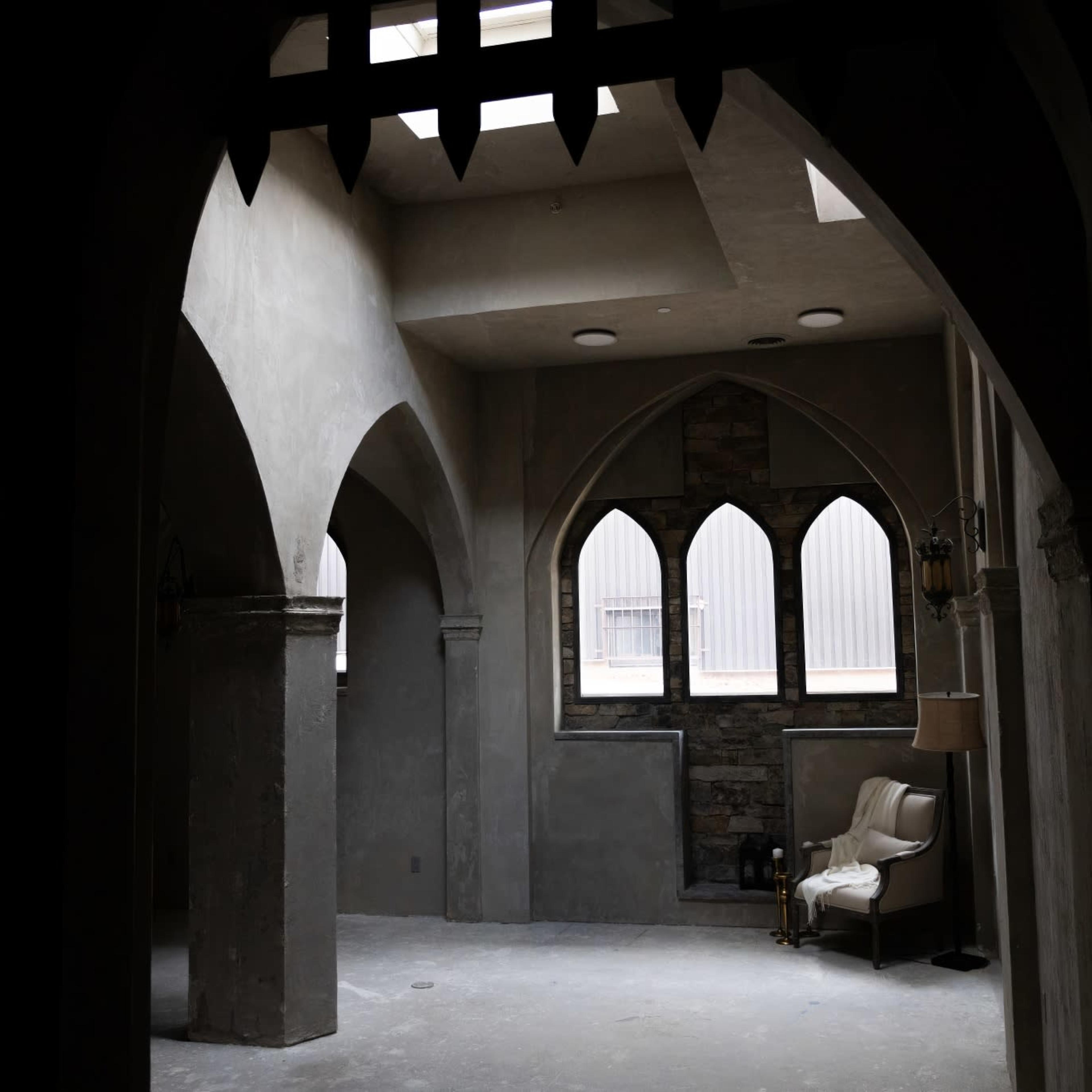 An empty room with arched doorways and windows, featuring a single chair and a stone wall accent.