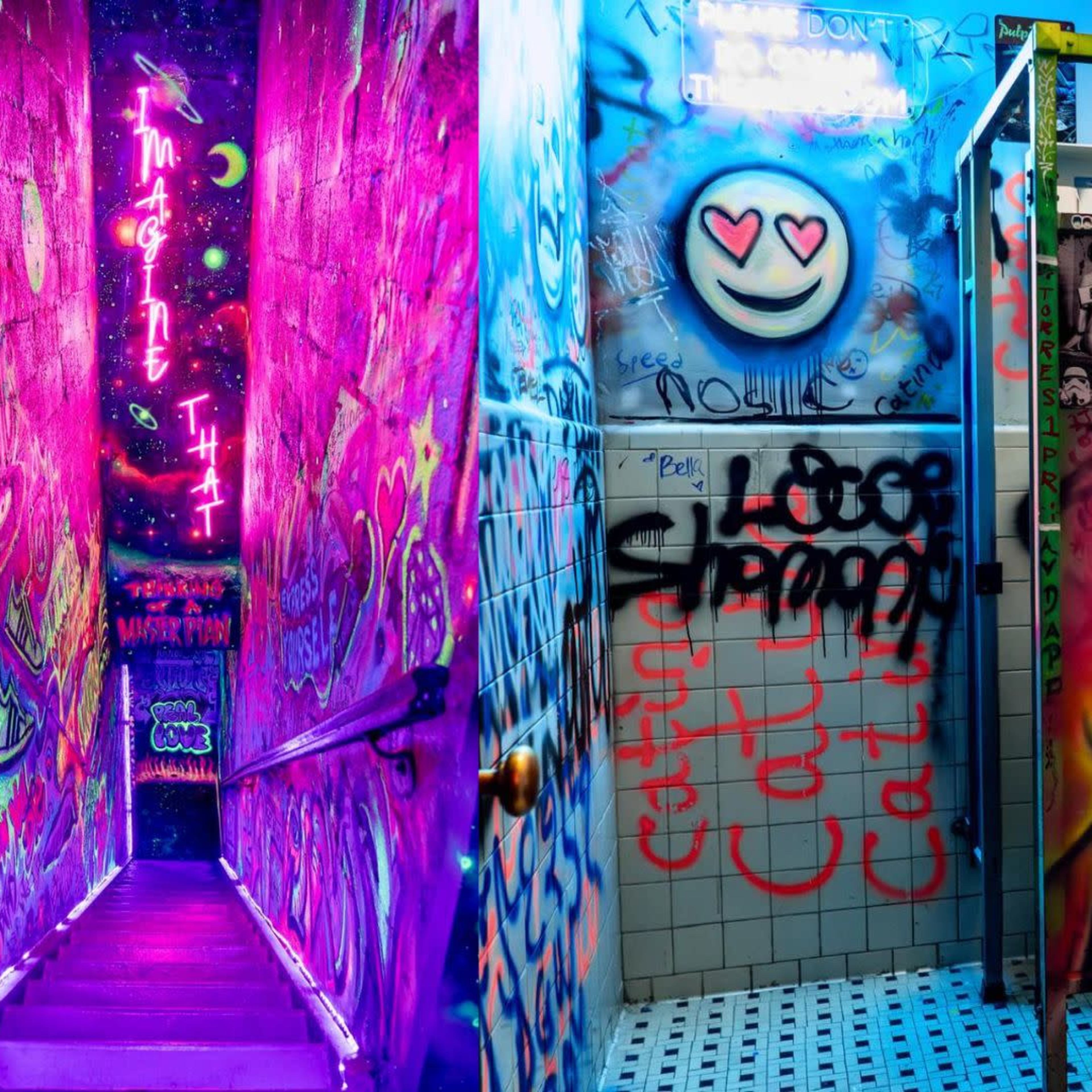 A vibrant, graffiti-covered hallway illuminated by neon lights, leading down a set of stairs.