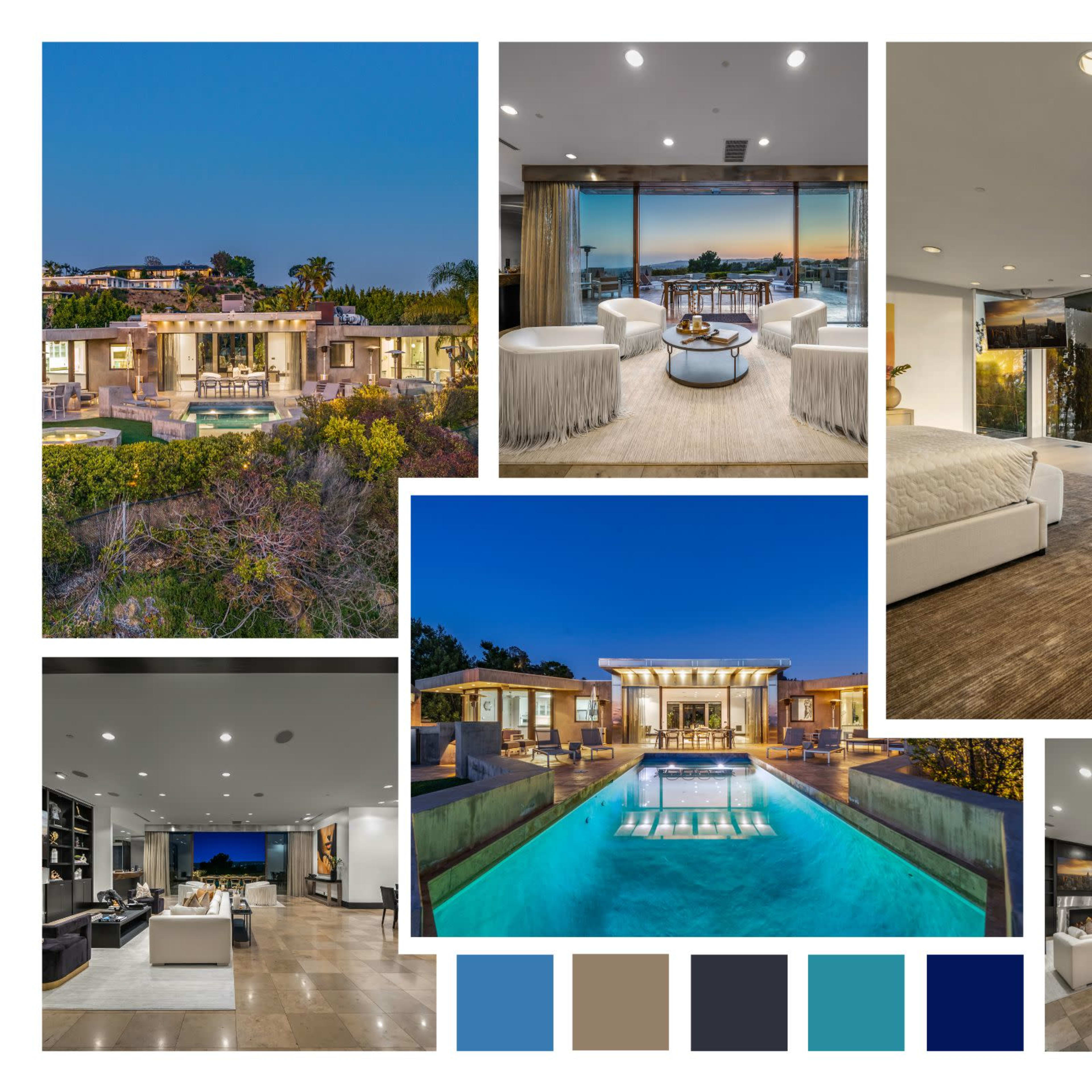 A luxurious modern mansion with an expansive pool, elegant interior spaces, and panoramic views of the surrounding landscape.