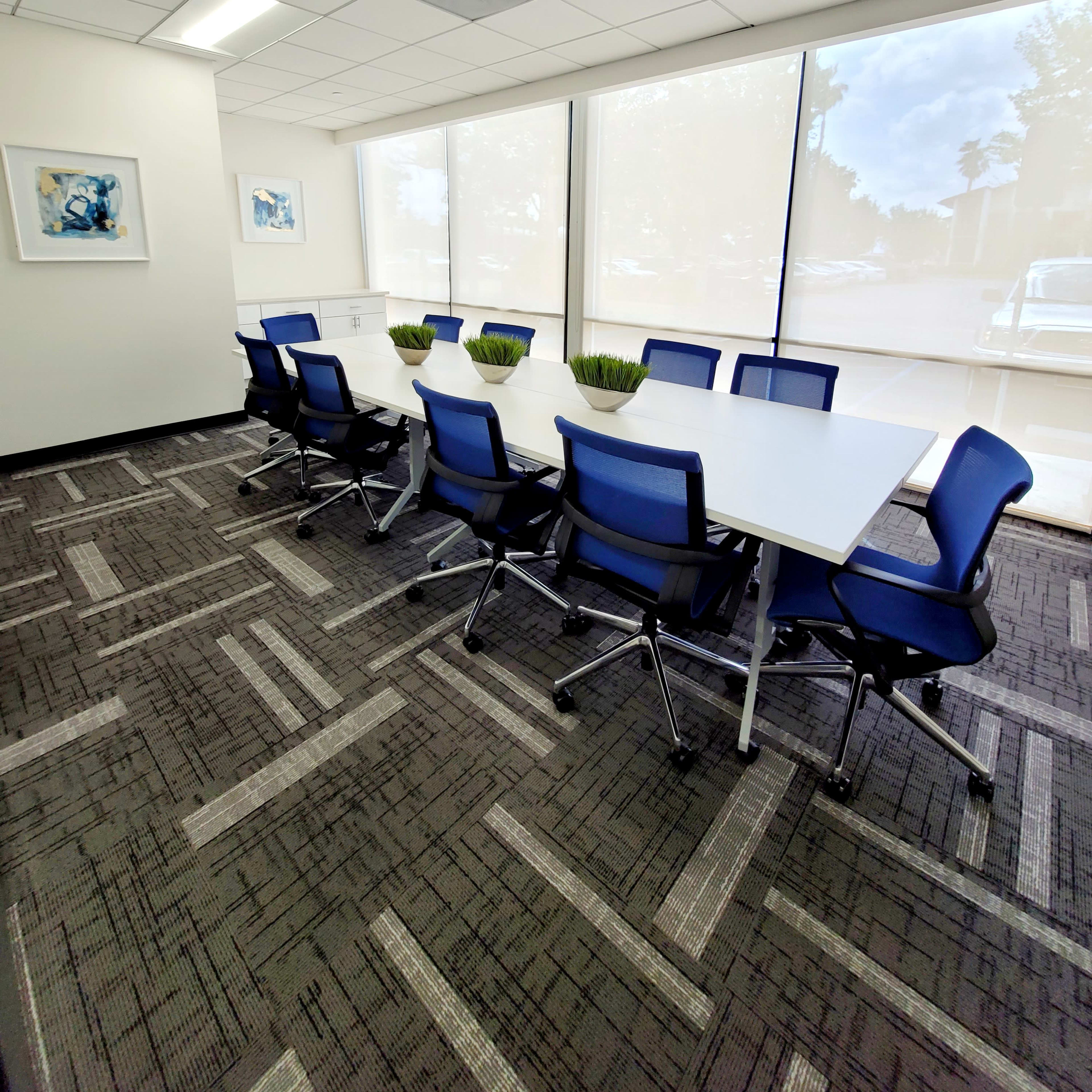 A modern conference room features a long white table surrounded by blue chairs, with large windows providing natural light and green plants as centerpieces.