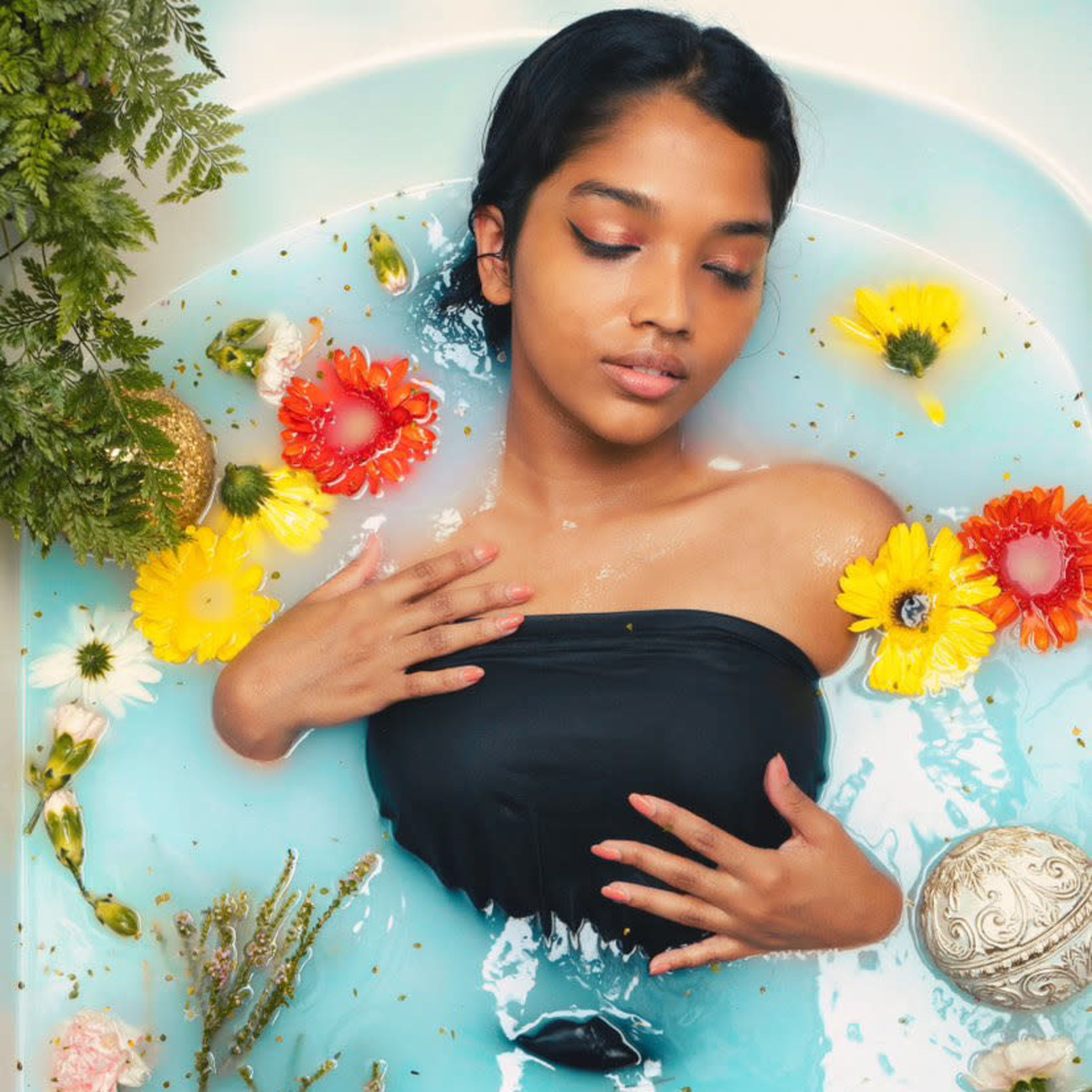 A person is relaxing in a bathtub filled with blue water, surrounded by colorful flowers and decorative elements.