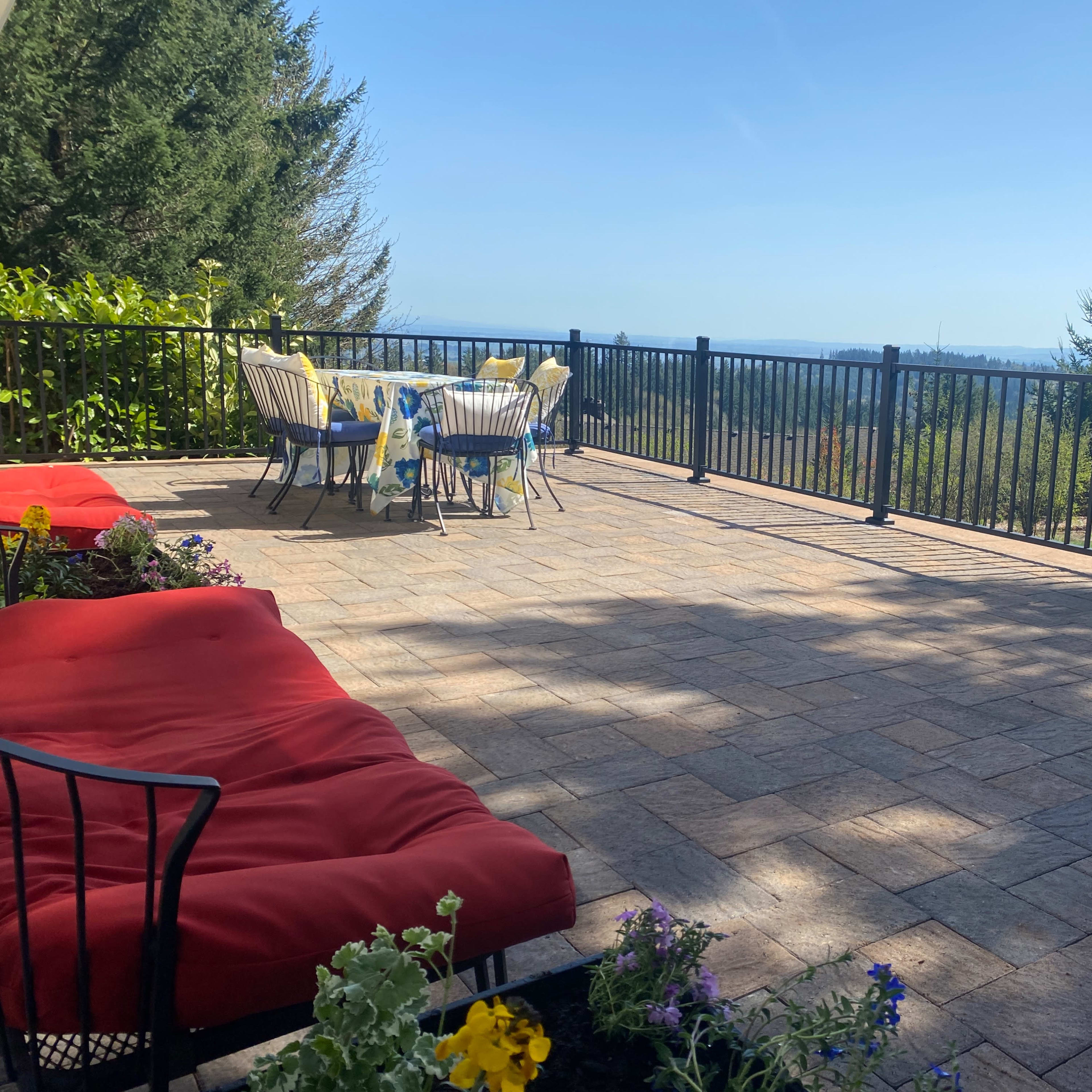 A spacious patio with red cushions overlooks a scenic view framed by a black railing, featuring a dining set in the background.