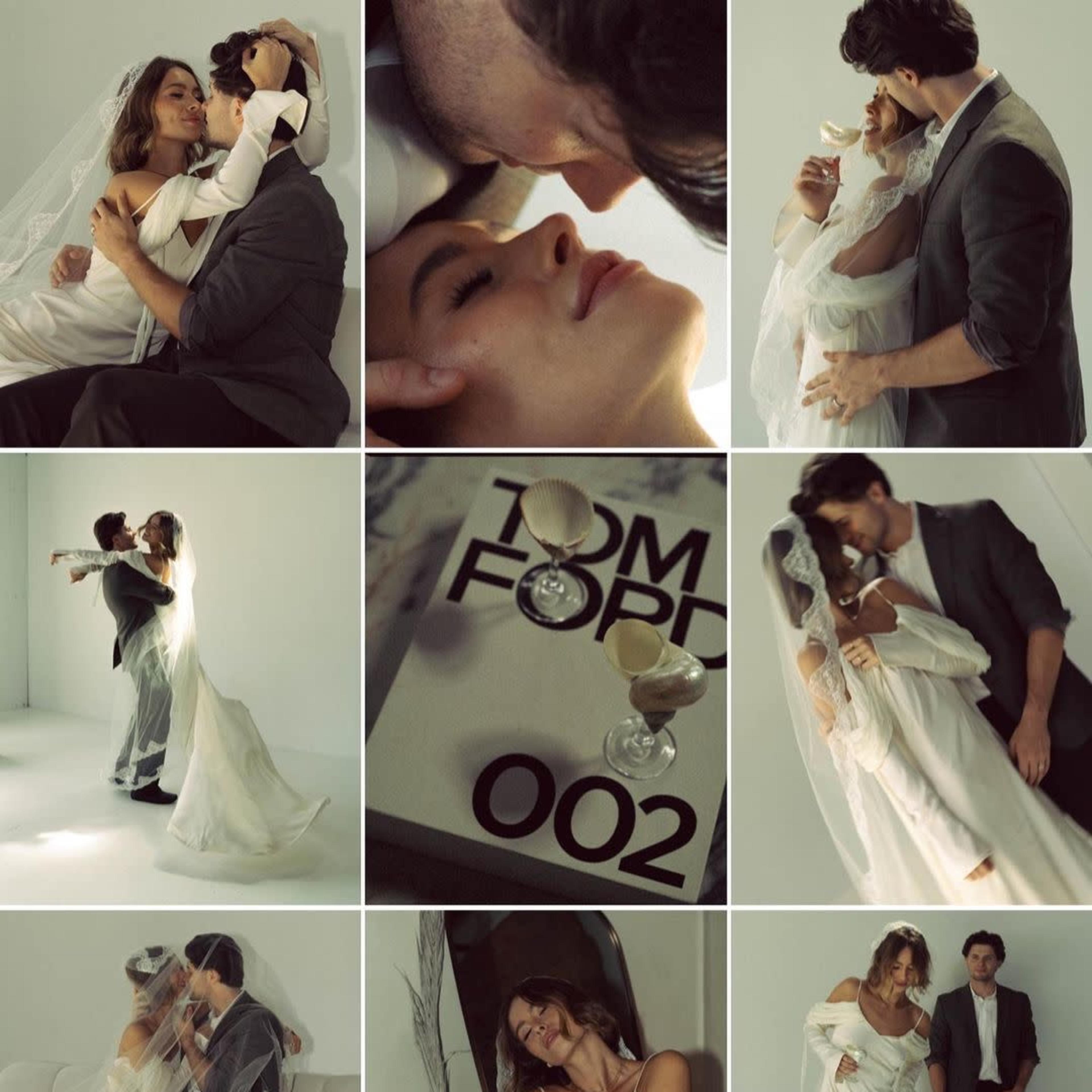 A collage of moments between a couple in wedding attire, showcasing intimate poses and a designer item labeled "TOM FORD 002."
