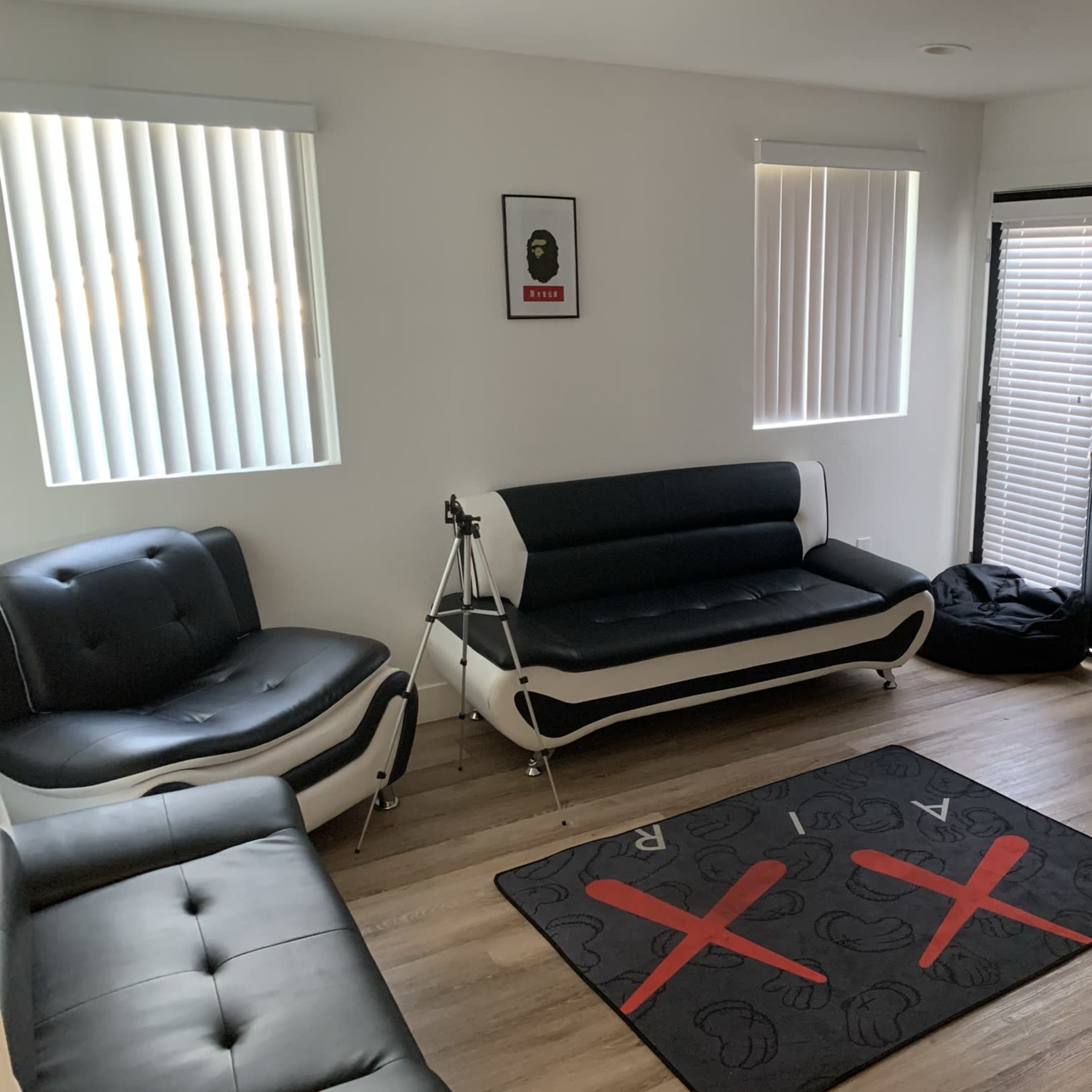 A modern room with black and white furniture, including sofas, a chair, and a patterned rug, along with large windows and a door leading outside.