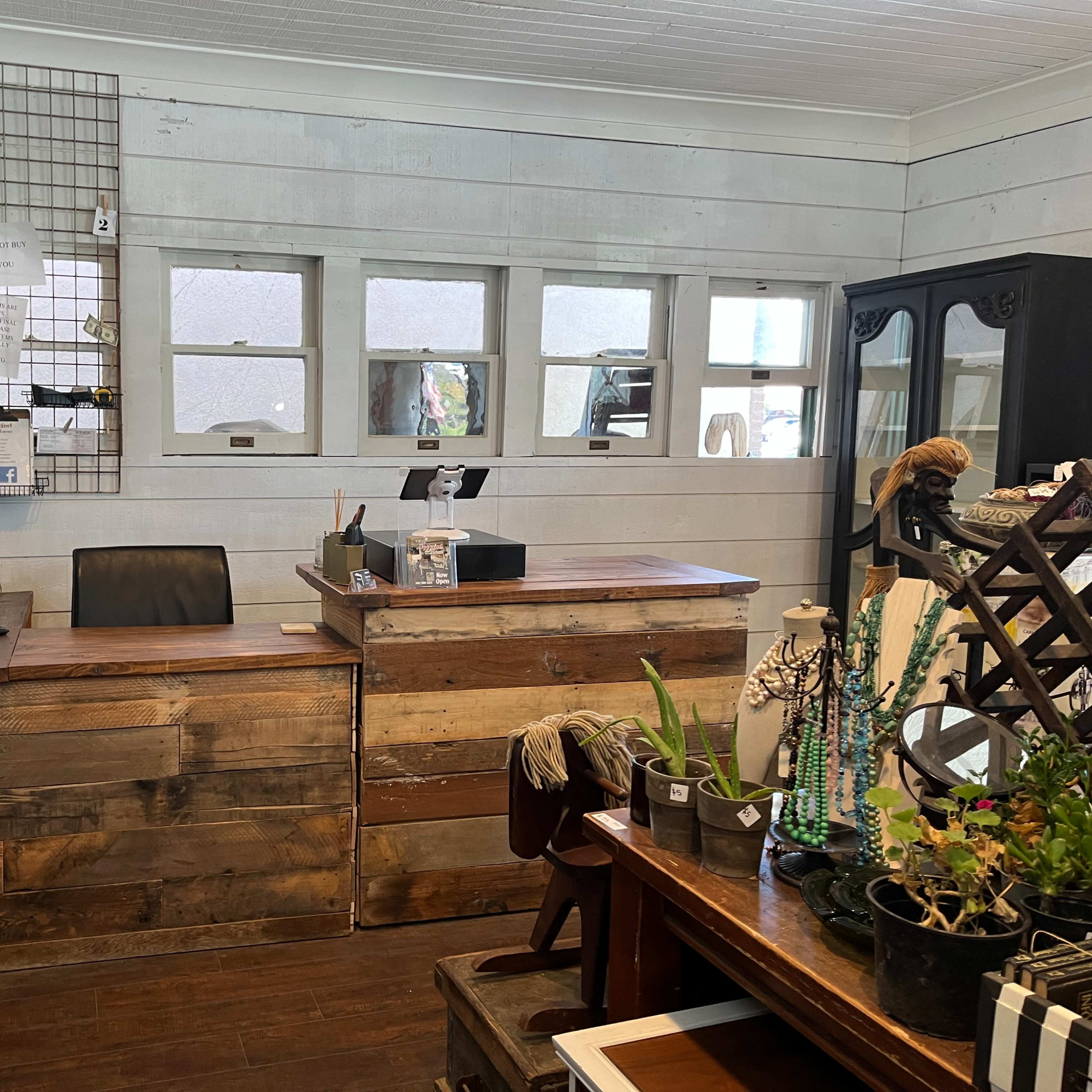 A wooden reception area with a desk, computer, and decorative plants against a backdrop of whitewashed walls and several small windows.