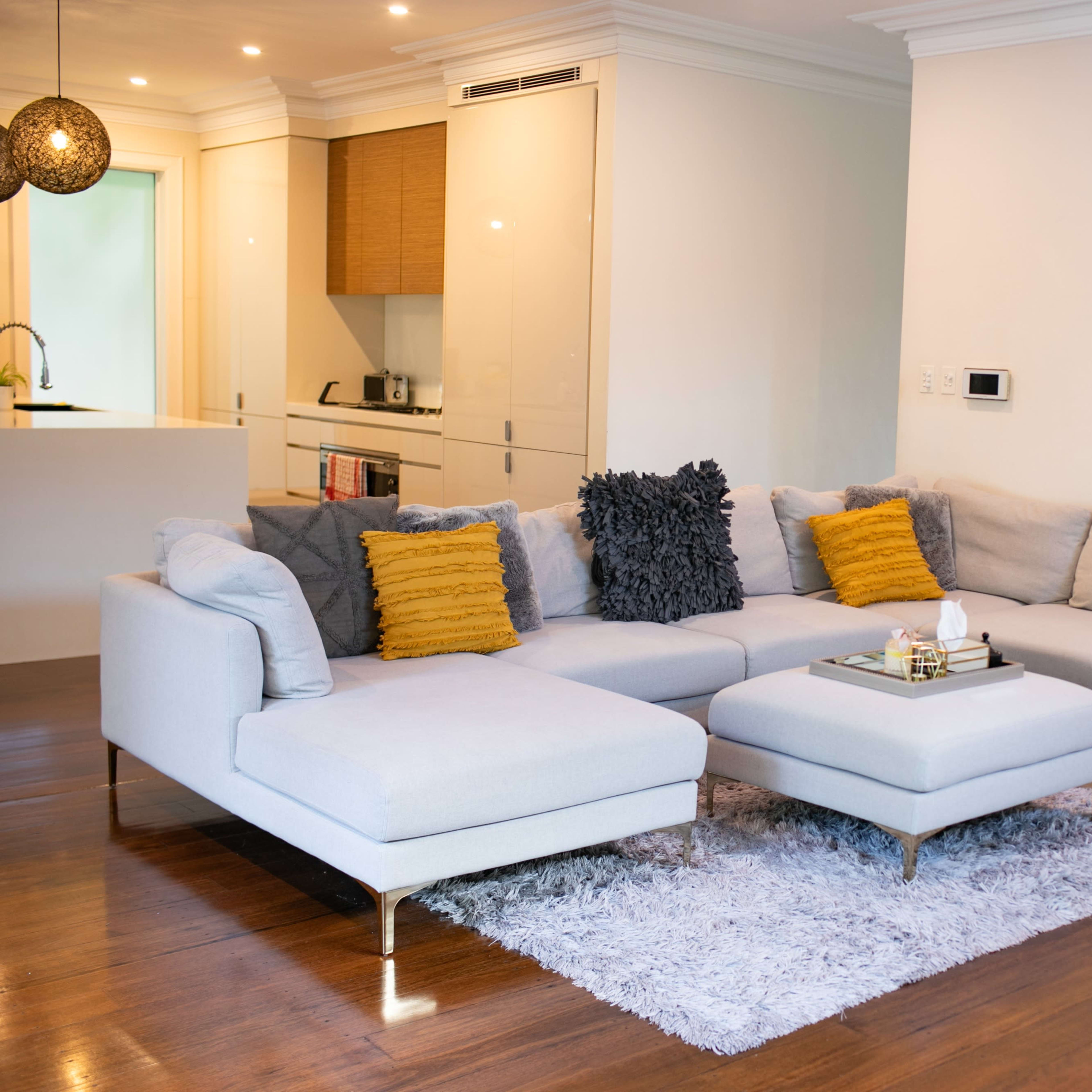 A modern living room with a light gray sectional sofa, a plush area rug, and two colorful paintings on the wall.