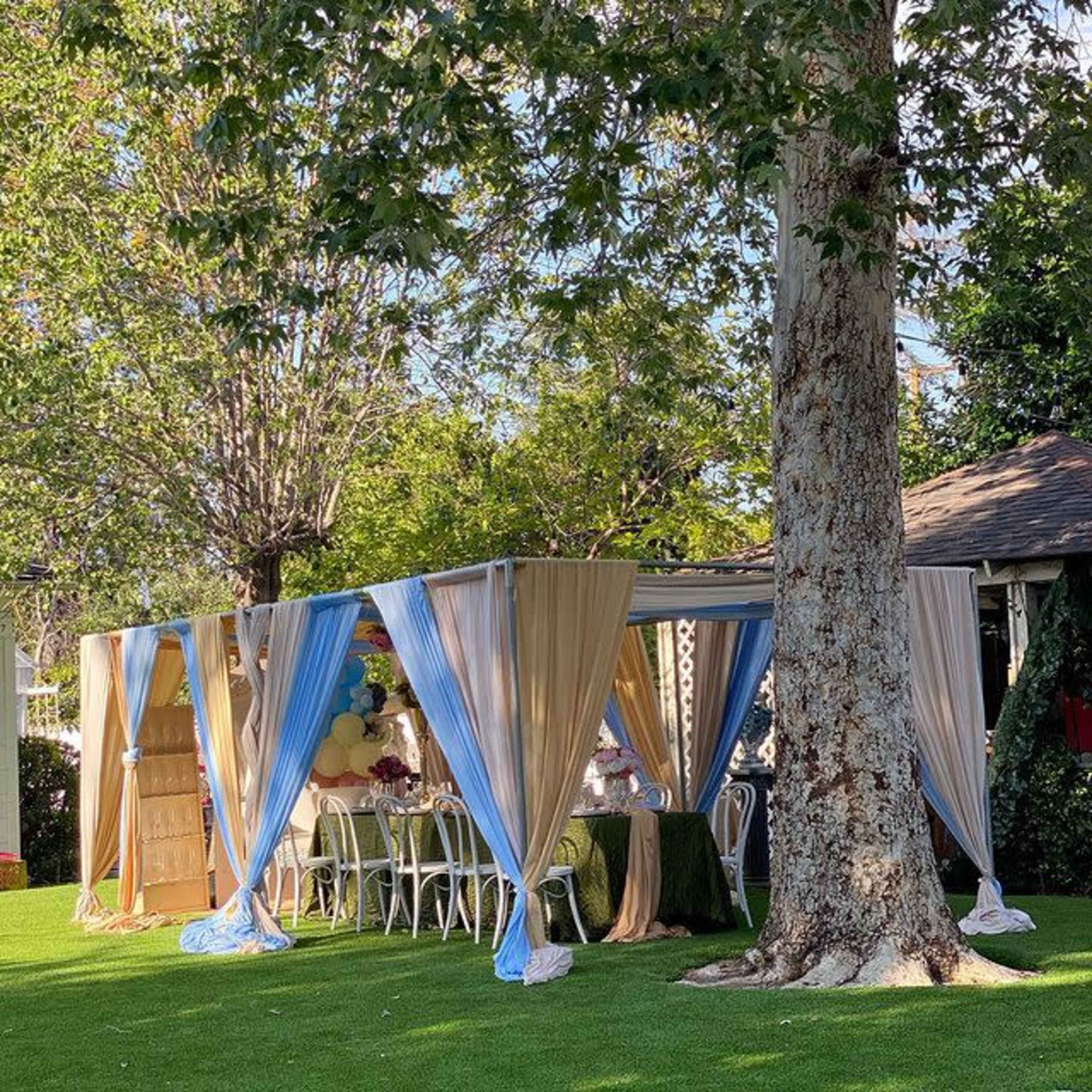 A tented outdoor setup with blue and tan drapes, featuring tables and chairs under a tree in a grassy area.