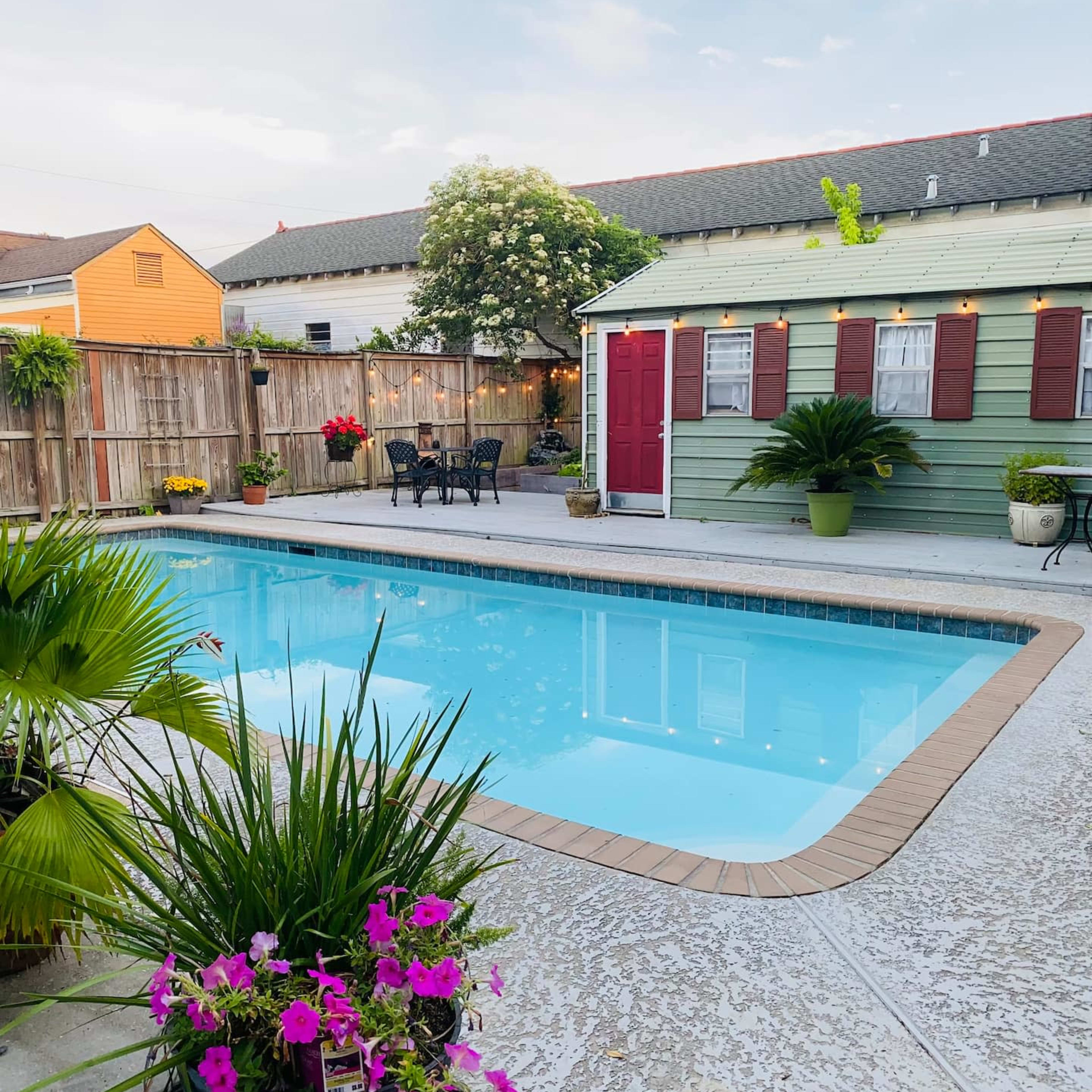 A backyard with a swimming pool surrounded by potted plants and a small shed with a red door.