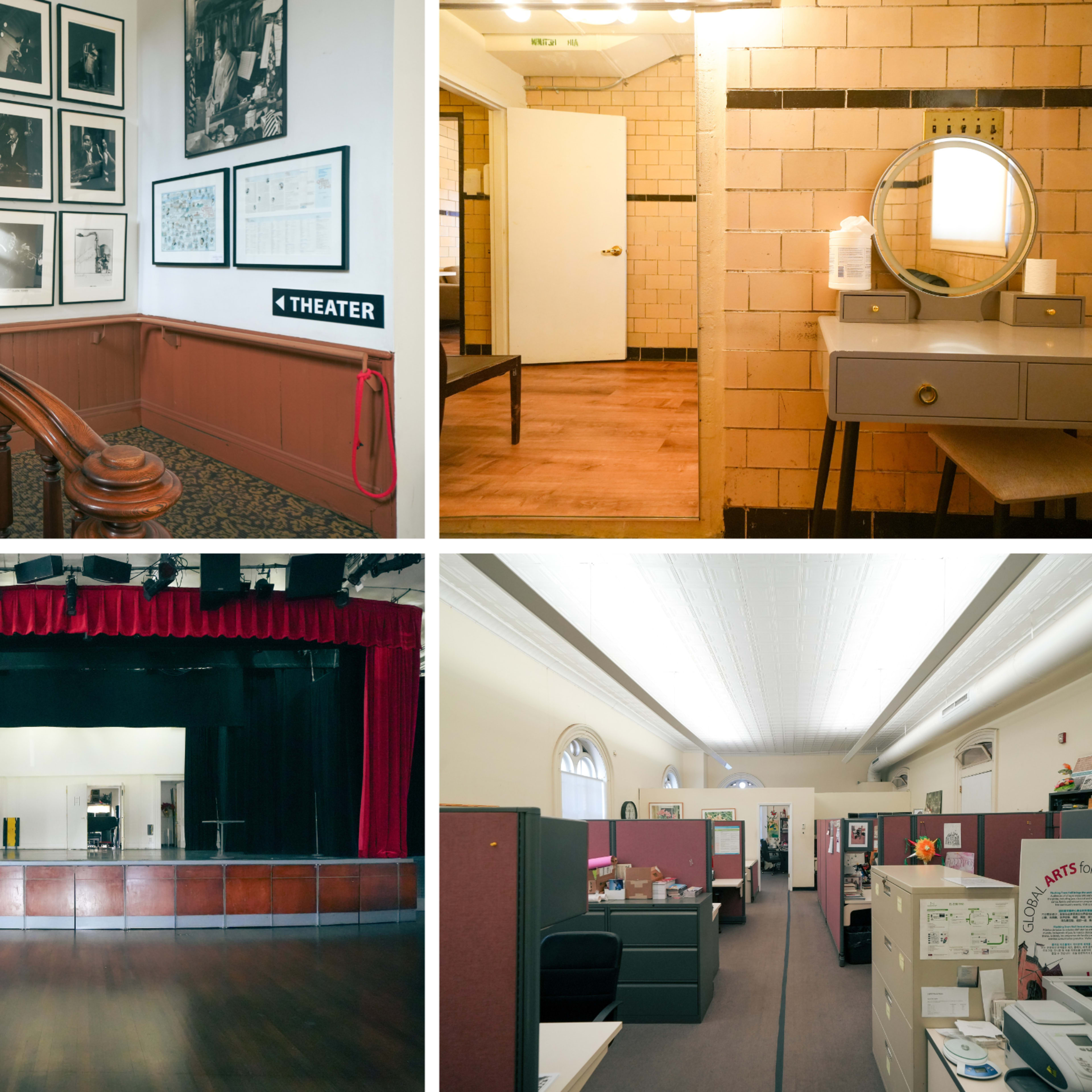 Four distinct scenes: a staircase leading to a wall adorned with framed photographs, a restroom with a sink and mirror, a stage with a red curtain drawn back, and an office space filled with cubicles and filing cabinets.