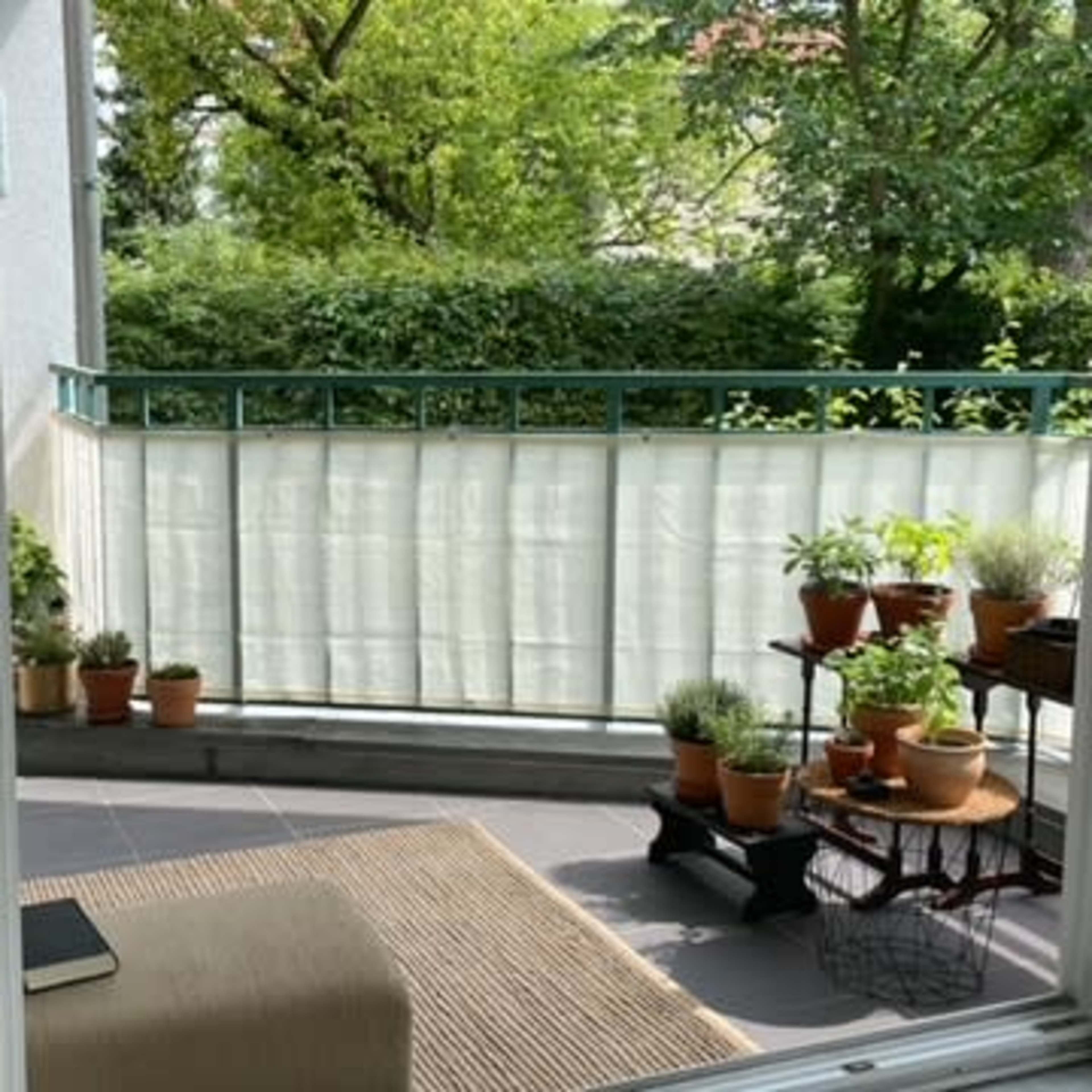 A balcony with potted plants and a small seating area, viewed through large glass doors.