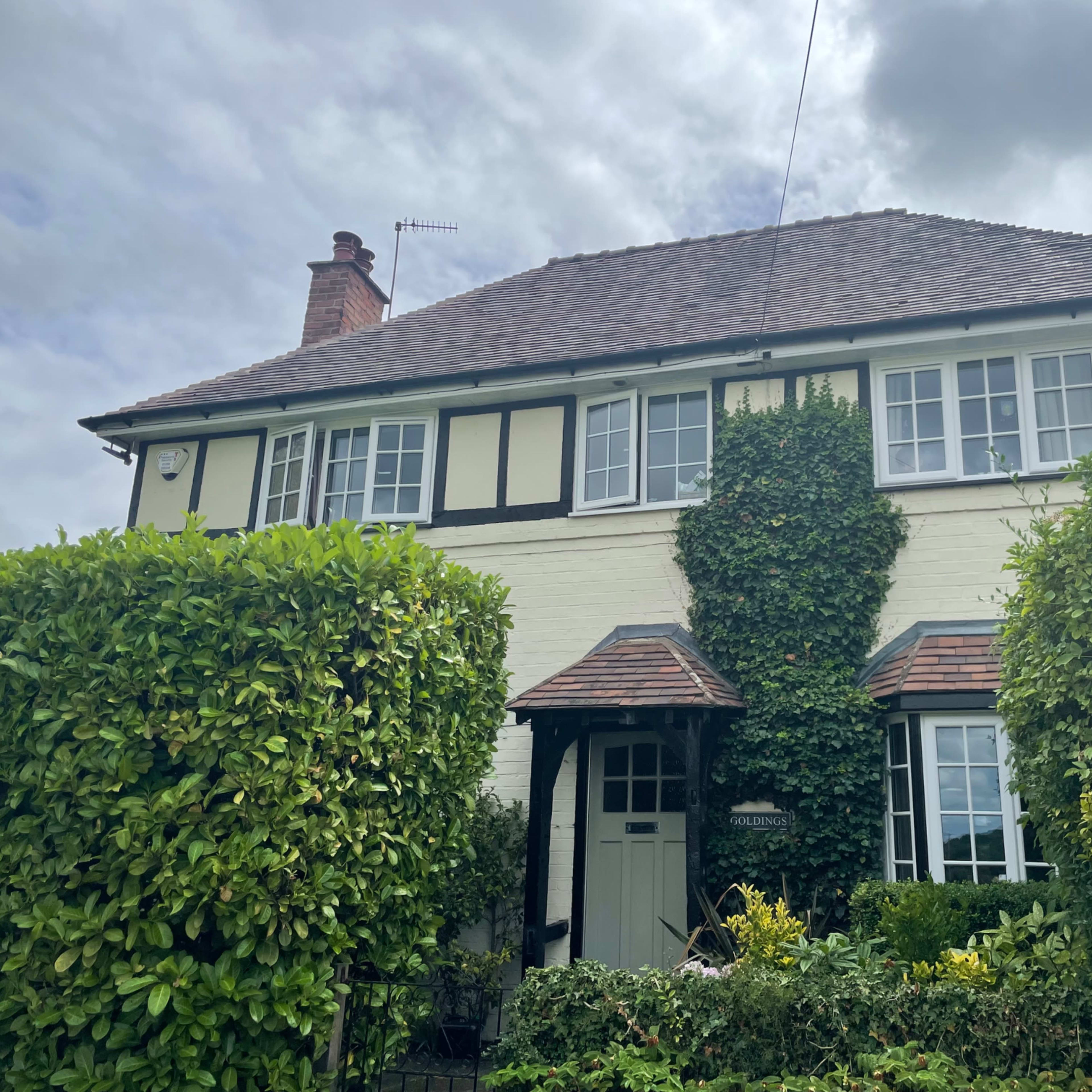 A two-story house with a symmetrical facade is partially obscured by green hedges and climbing vines under a cloudy sky.