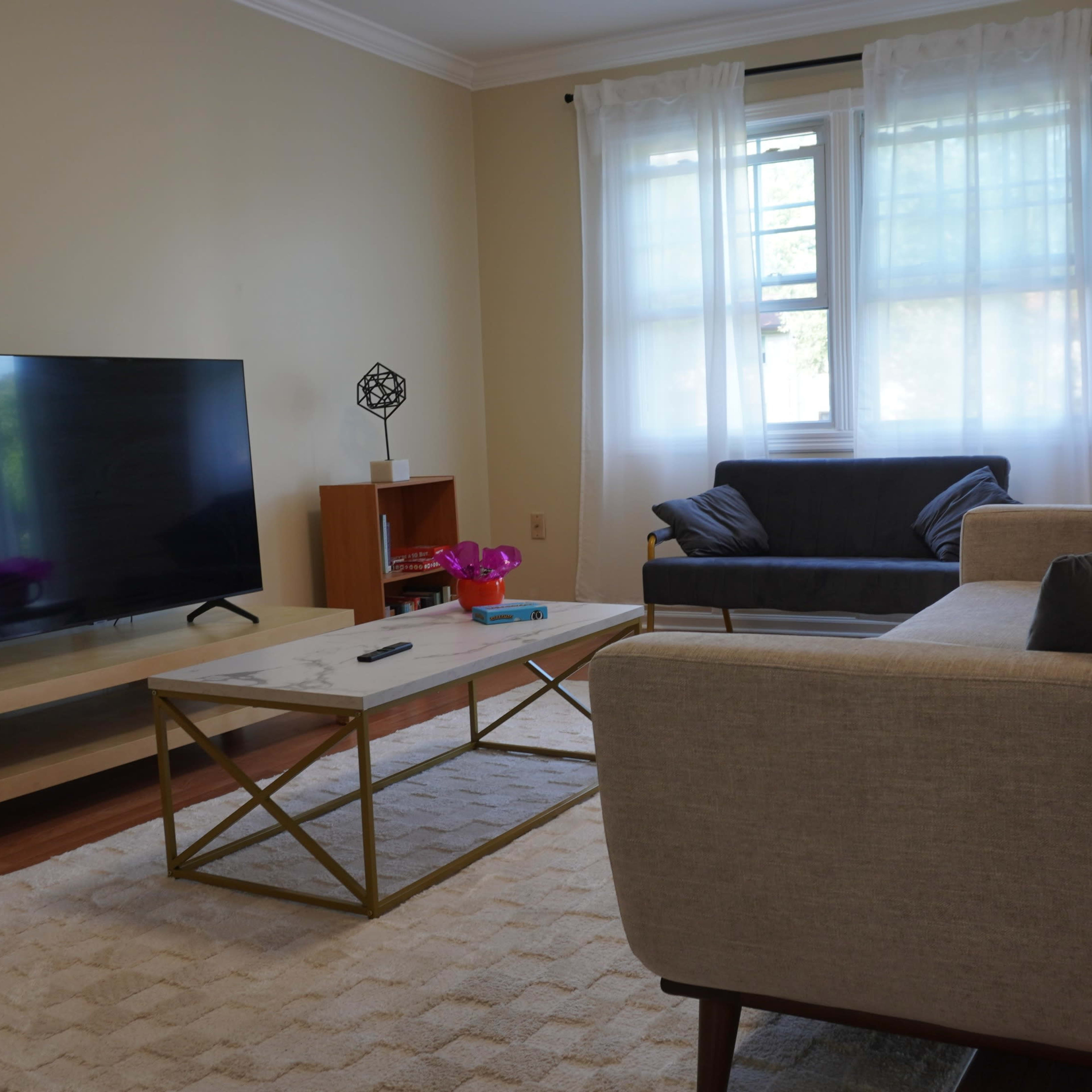 A living room with a television on a stand, a coffee table, two sofas, and large windows with sheer curtains.