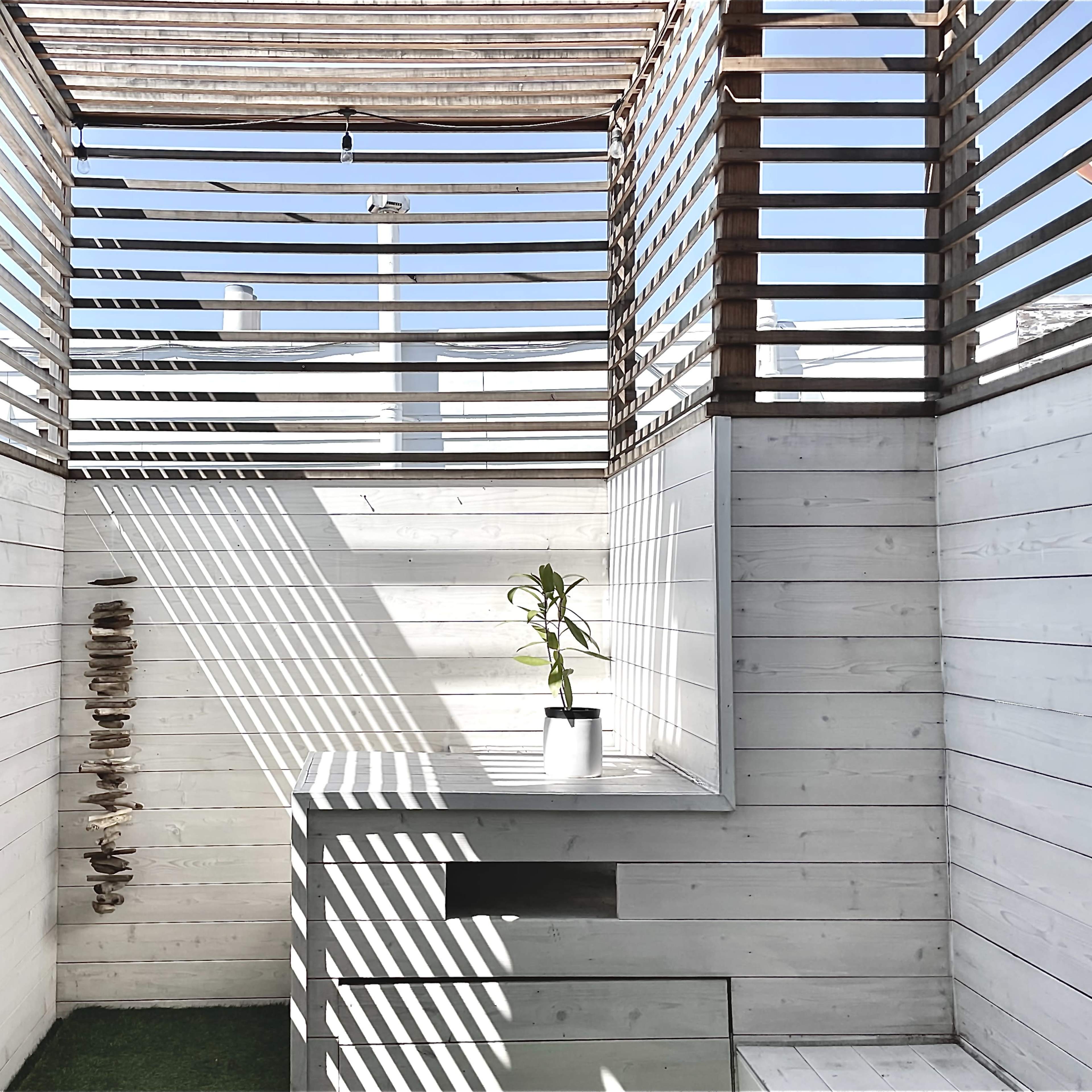 A modern outdoor space with wooden slats overhead, a concrete shelf with a potted plant, and white walls that create distinct shadows.