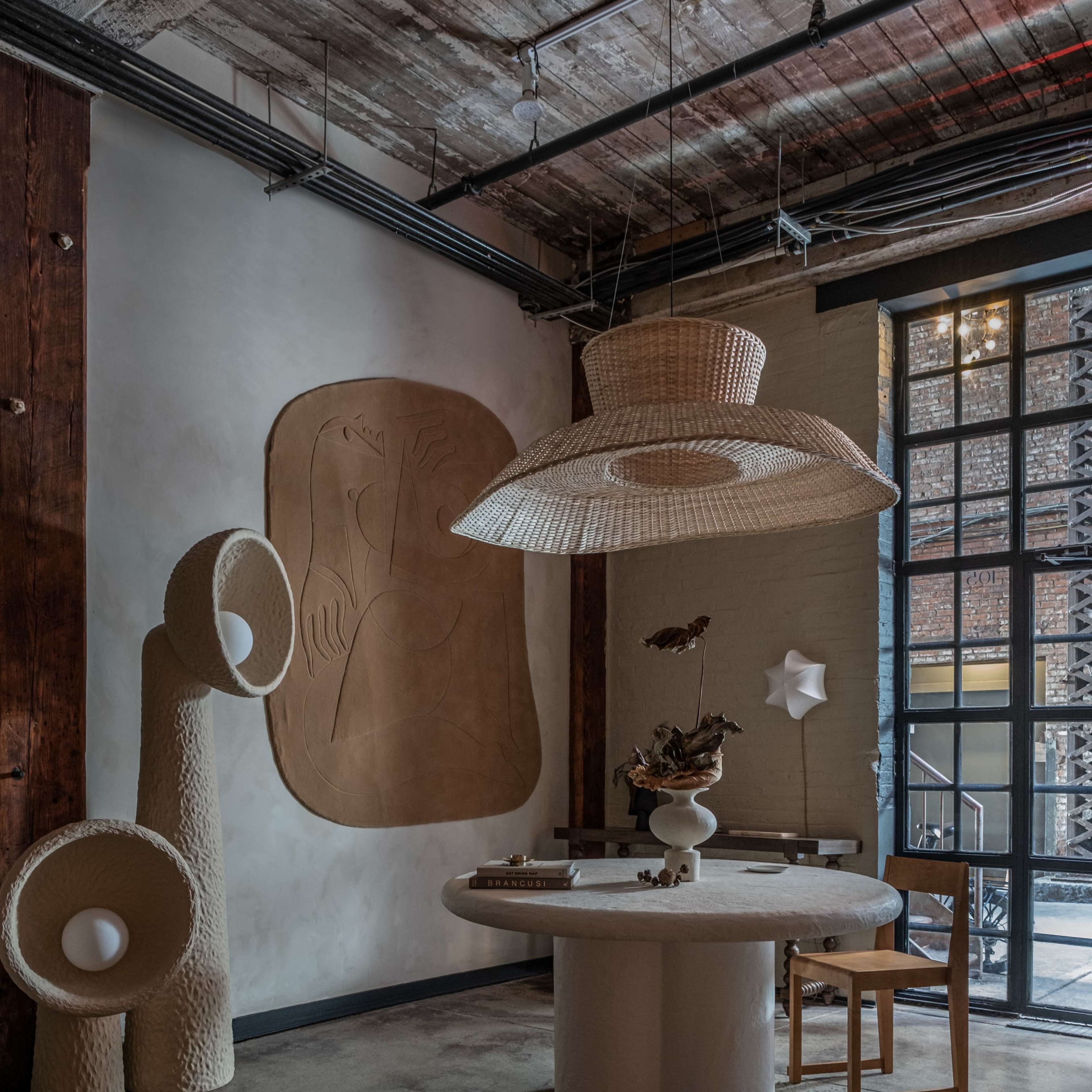 A stylish interior featuring a circular table, a woven hanging light fixture, and sculptural decor against a textured wall.
