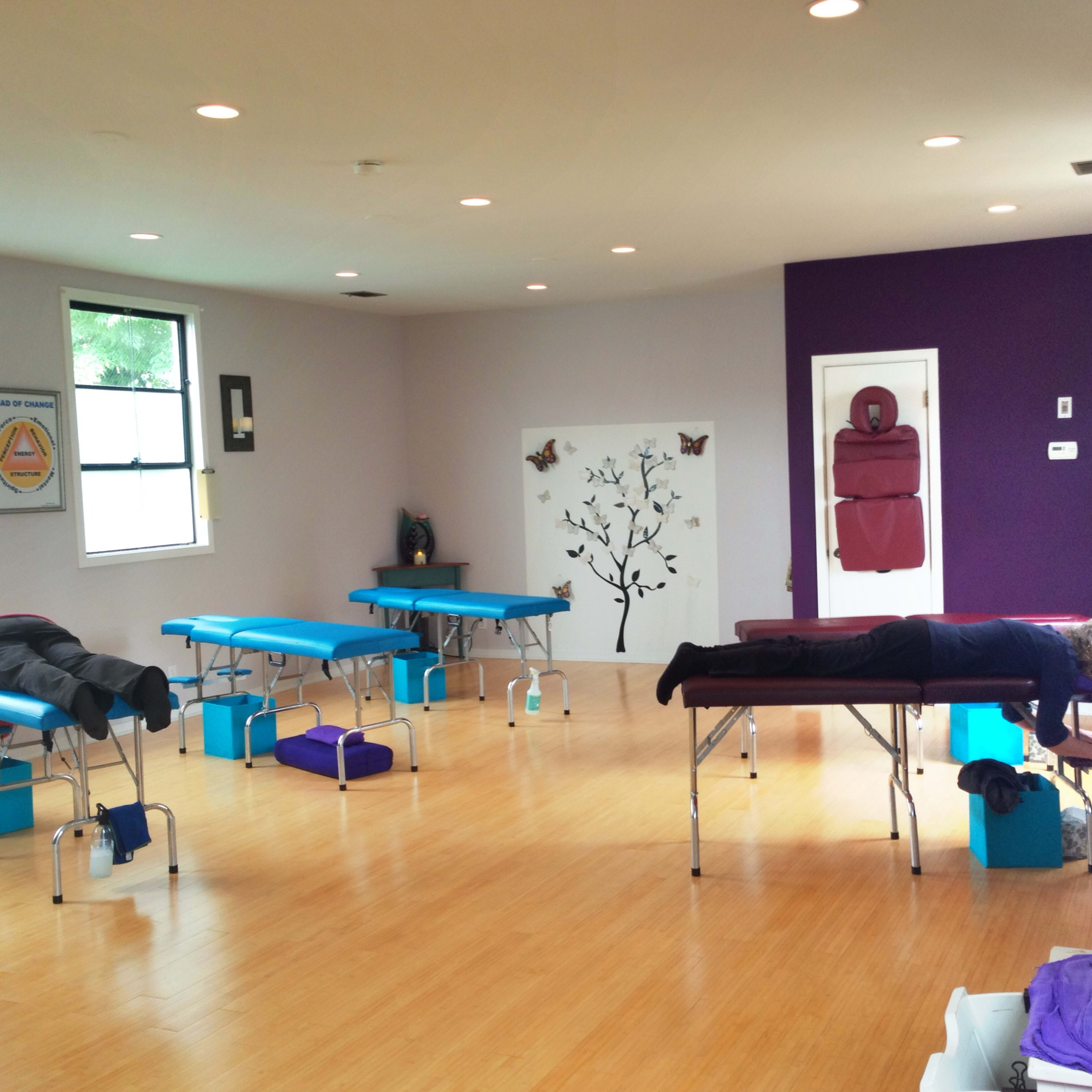 A tranquil massage therapy room equipped with massage tables, where two clients are positioned on the tables, and the walls feature calming decor.