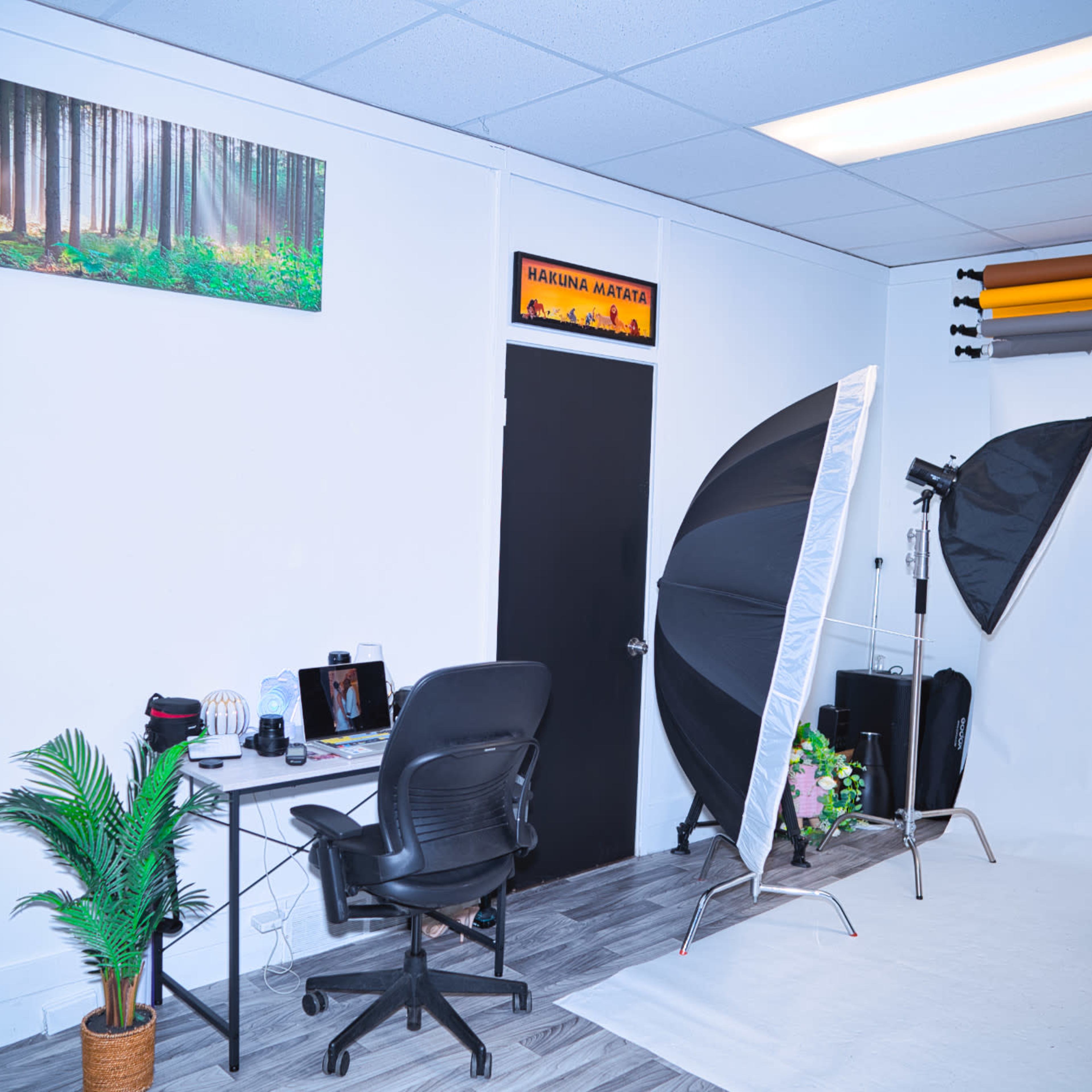 A photography studio equipped with backdrop stands, lighting equipment, a desk with a computer, and seating arranged in a bright, tidy space.